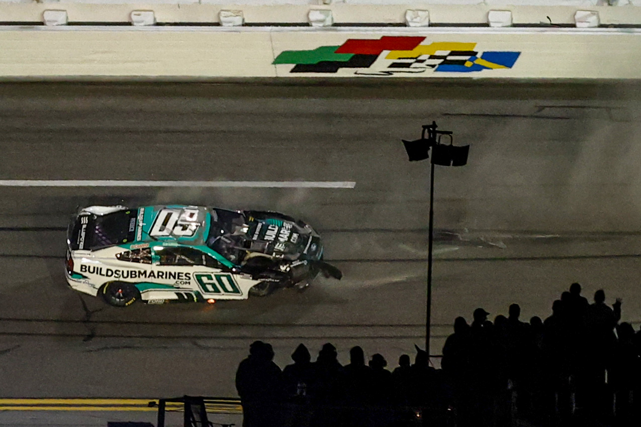 Ryan Preece's car after an on-track incident during the NASCAR Cup Series Daytona 500 on February 16, 2025, in Daytona Beach, Florida. | Source: Getty Images