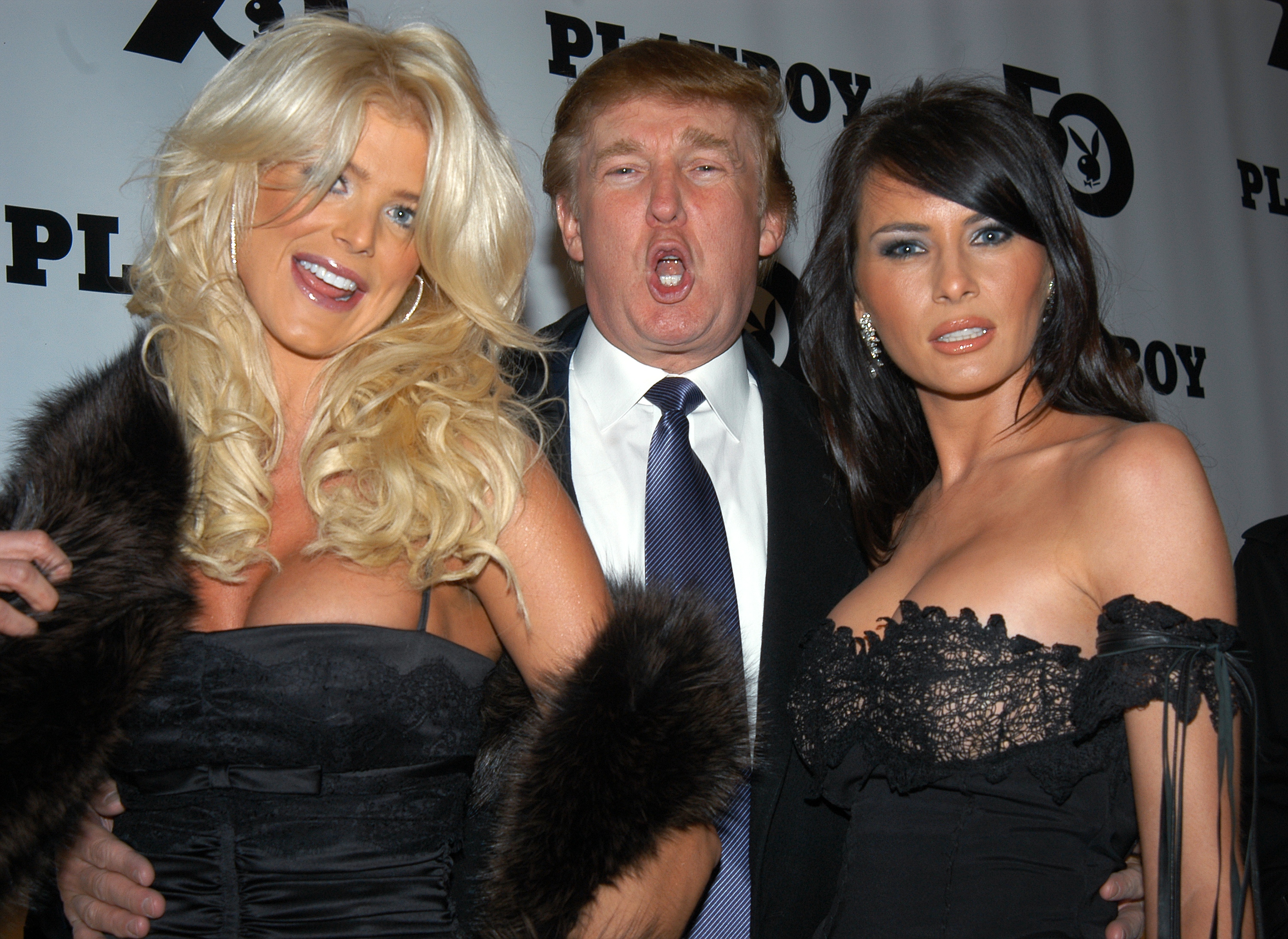 Donald and Melania Trump with Victoria Silvstedt at Playboy magazine's 50th anniversary celebration in 1997. | Source: Getty Images