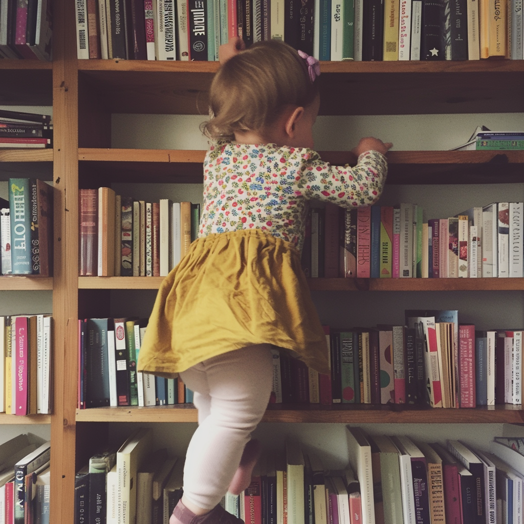 A little girl climbing a bookshelf | Source: Midjourney