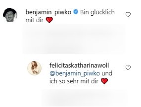 Screenshot des Gesprächs von Felicitas Woll und Benjamin Piwko im Kommentarbereich unter dem von Felicitas Woll hochgeladenen Foto. | Quelle: Instagram/felicitaskatharinawoll