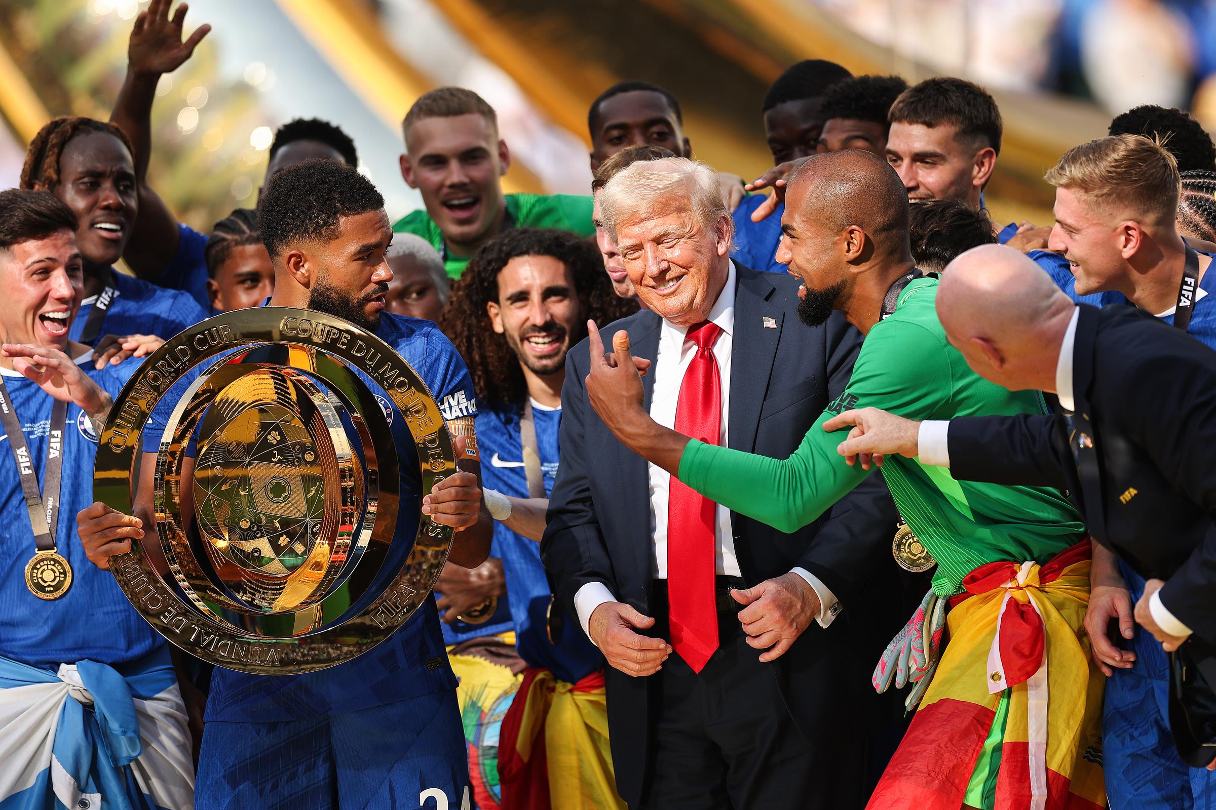 President Donald Trump and Chelsea FC celebrating the club's win at the FIFA Club World Cup at MetLife Stadium on July 13, 2025, in East Rutherford, New Jersey. | Source: Getty Images
