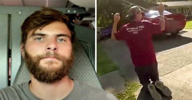 Prentiss Weatherford [left] and an alleged abductor of a 6-year-old girl kneeling and holding his hands up while police arrest him [right]. │Source: youtube.com/Inside Edition