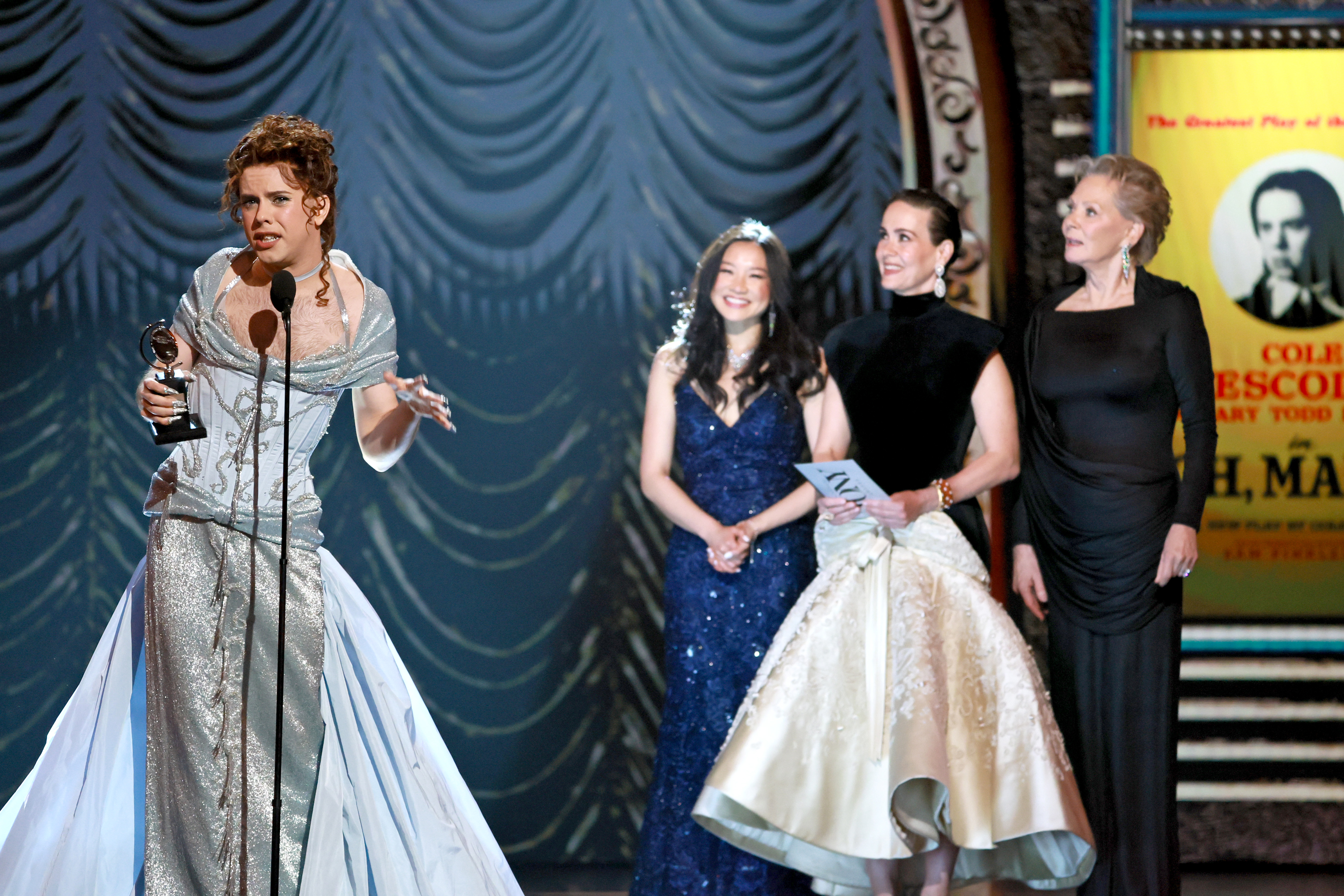 Cole Escola giving a speech after accepting their Tony Award as award presenters look on at the Radio City Music Hall in New York City on June 8, 2025.