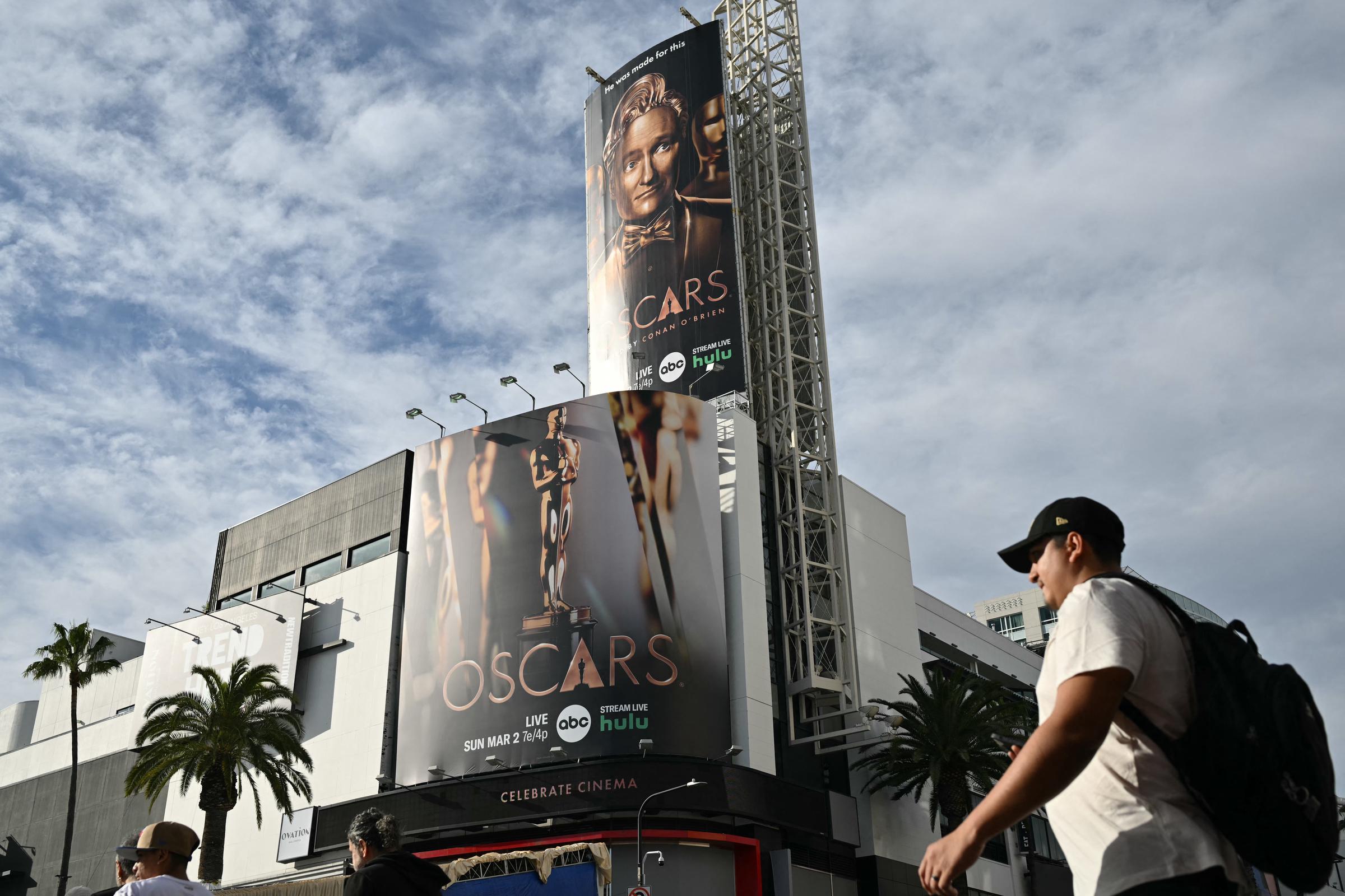A sign for the 97th Annual Academy Awards featuring an image of host US comedian Conan O'Brien is seen on Hollywood Boulevard in Los Angeles on February 27, 2025 ahead of the Oscars | Source: Getty Images