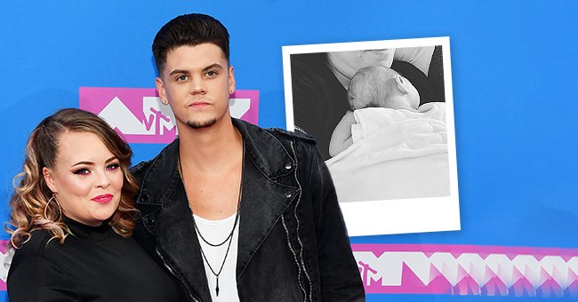 Tyler Baltierra and Catelynn Lowell attend the 2018 MTV Video Music Awards at Radio City Music Hall on August 20, 2018 in New York City, the next image shows Catelynn cradling her newborn daughter | Photo: Getty Images and Instagram/@catelynnmtv