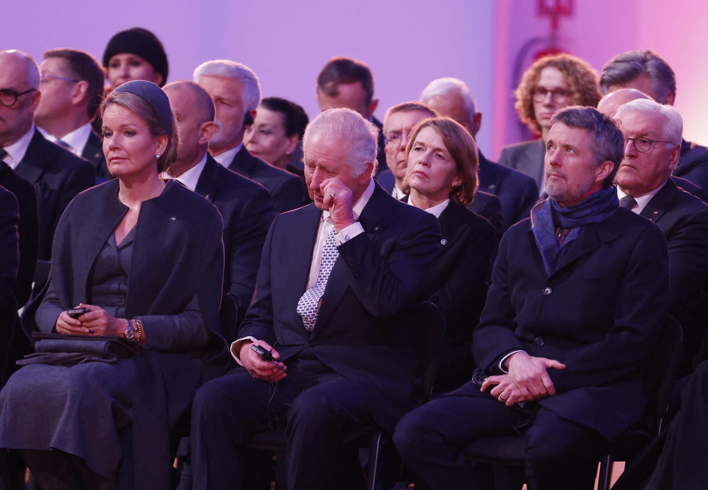 Queen Mathilde of Belgium, King Charles III, King Frederik X of Denmark, and the German president's wife Elke Buedenbender and German President Frank-Walter Steinmeier attend commemorations on the 80th anniversary of the liberation of the camp Auschwitz-Birkenau | Source: Getty Images