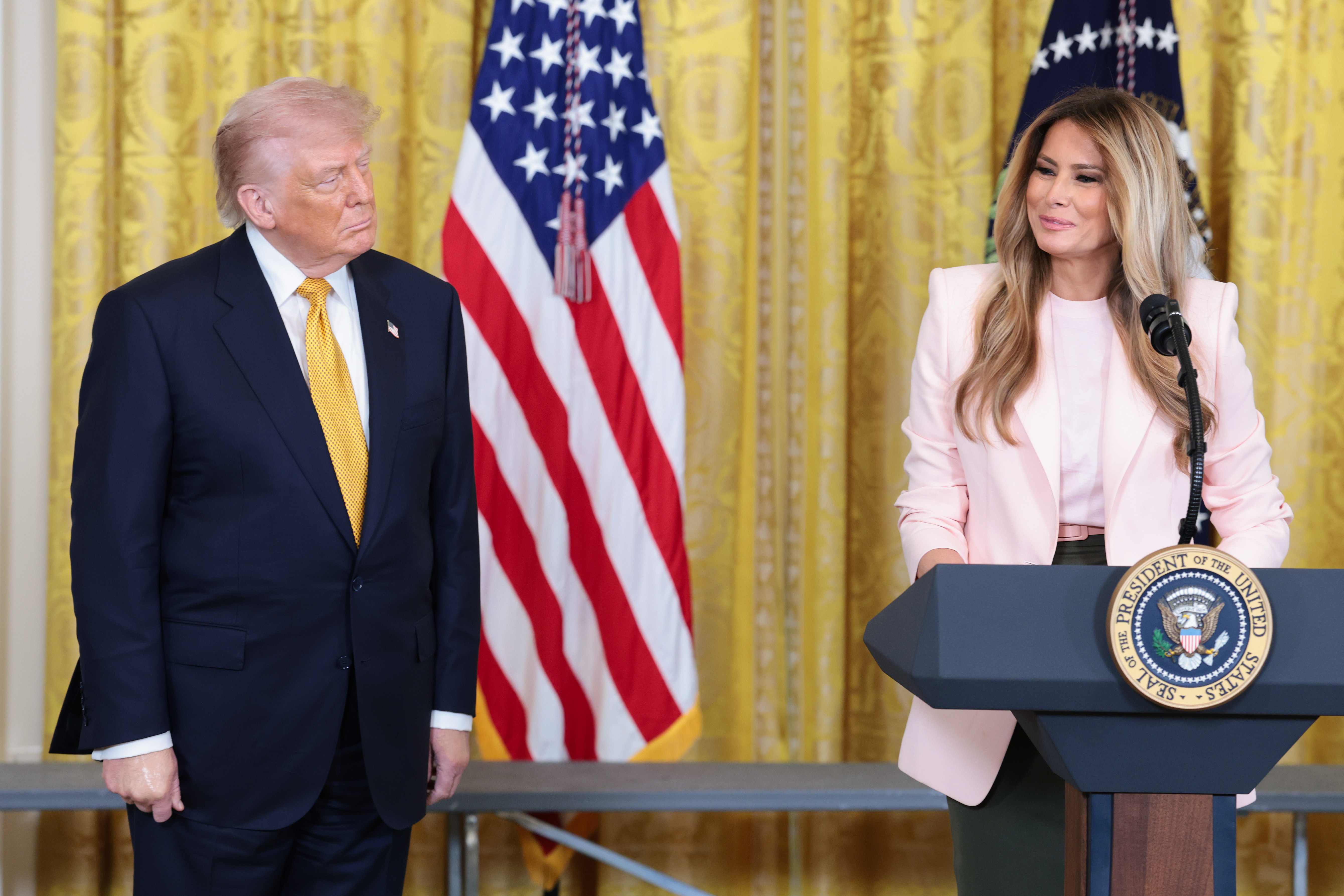 Donald and Melania Trump participate in a Military Mother's Day Event in the East Room of the White House in Washington, DC, on May 6, 2026 | Source: Getty Images
