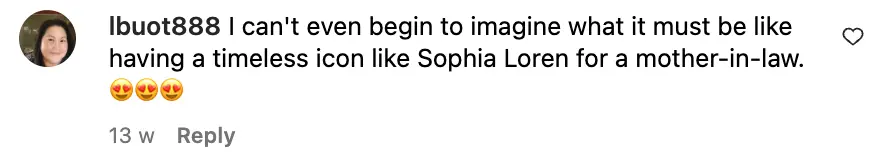 A fan comments on Sasha Alexander's Instagram post featuring Sophia Loren | Source: Instagram/sashaalexander