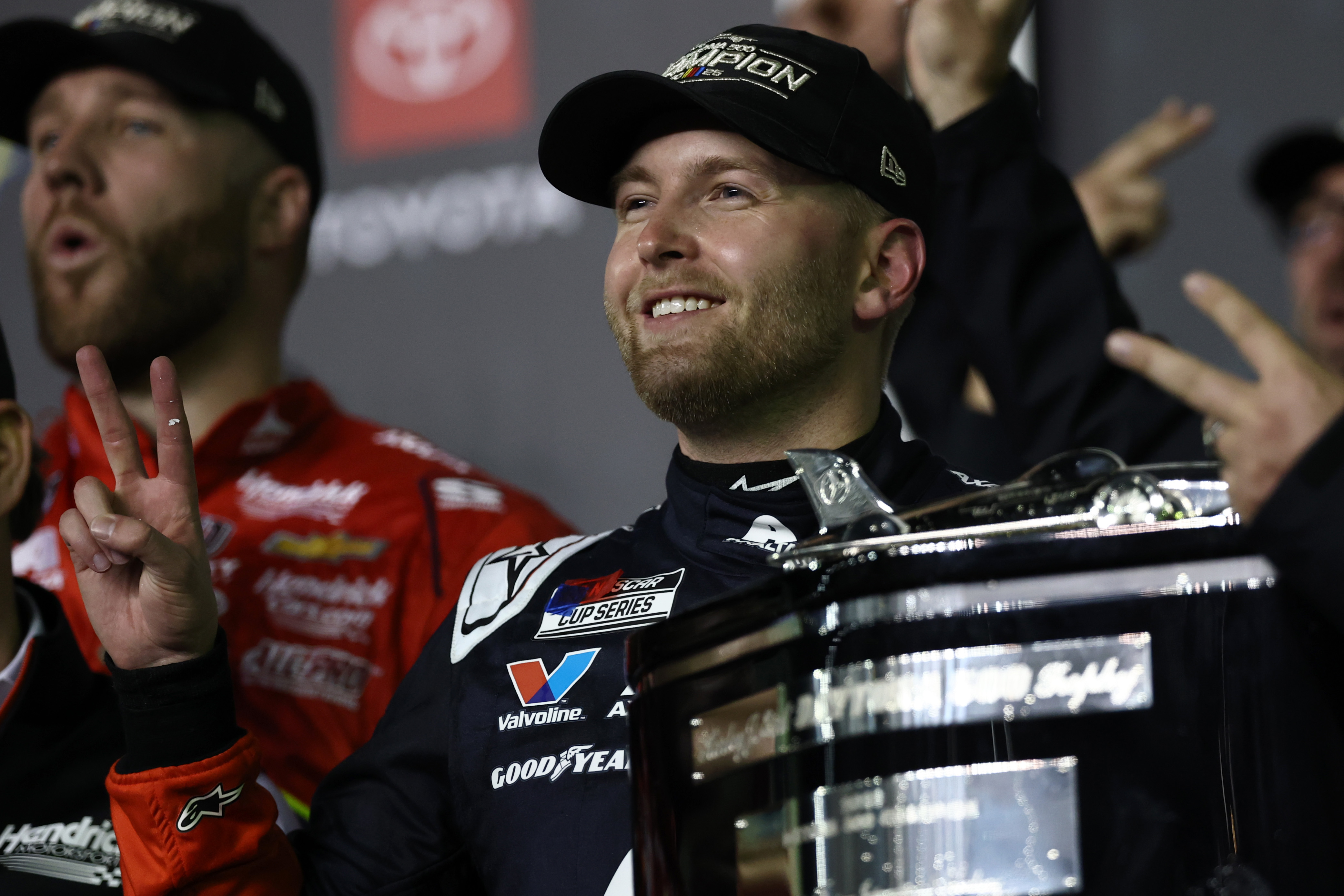 Driver William Byron celebrating in victory lane after winning the NASCAR Cup Series Daytona 500 on February 16, 2025, in Daytona Beach, Florida. | Source: Getty Images