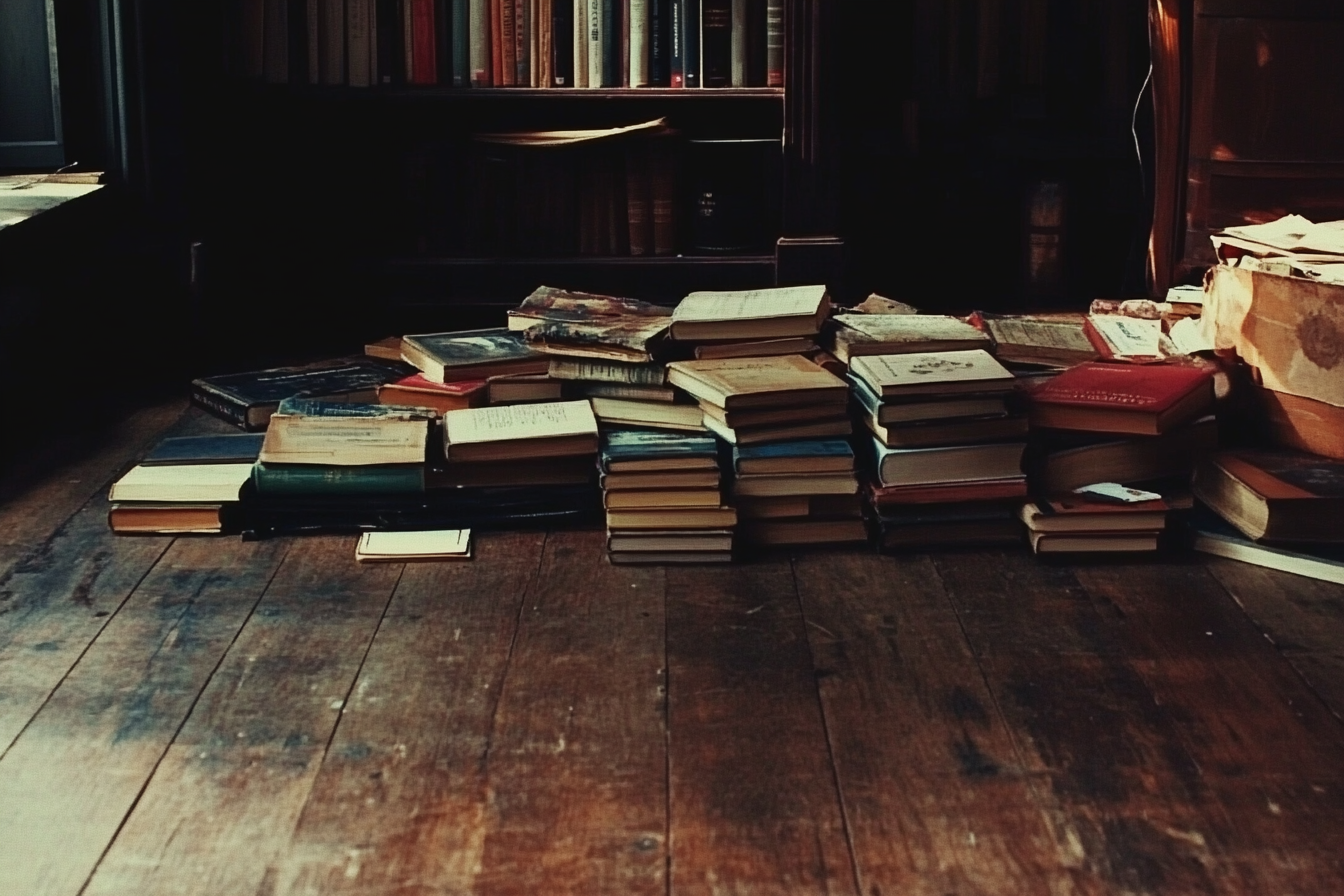 A collection of books on a wooden floor | Source: Midjourney