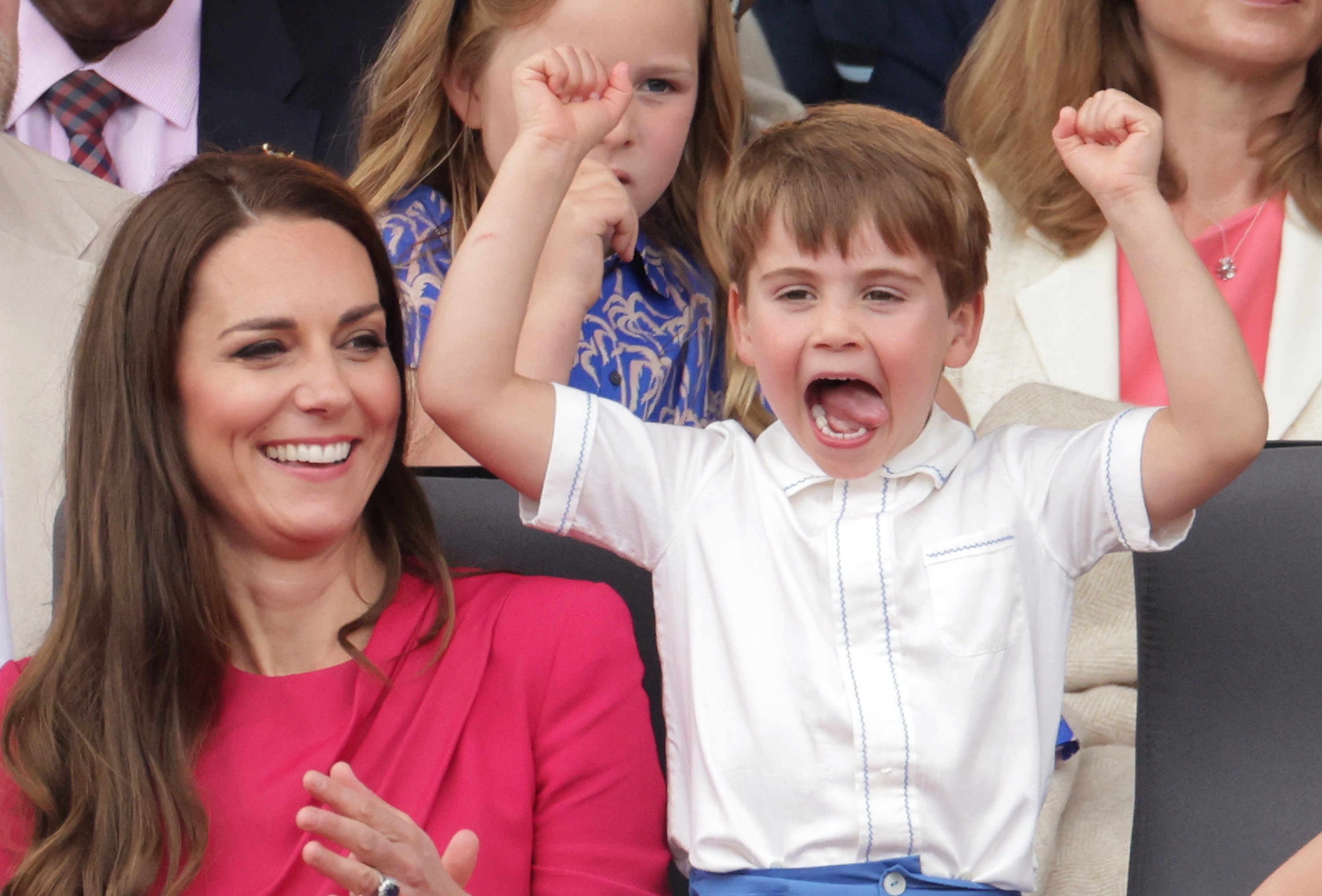 Catherine, Duchess of Cambridge and Prince Louis of Cambridge watch the Platinum Jubilee Pageant from the Royal Box during the Platinum Jubilee Pageant on June 05, 2022 in London, England. | Source: Getty Images