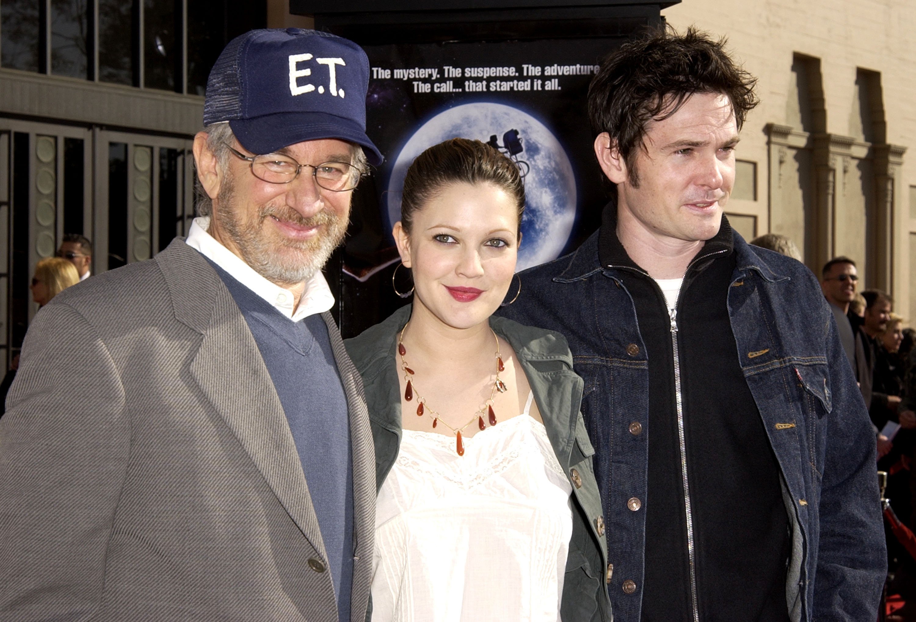 Steven Spielberg, Drew Barrymore & Henry Thomas at the Anniversary Premiere of "E.T.: The Extra-Terrestrial" in California. | Source: Getty Images