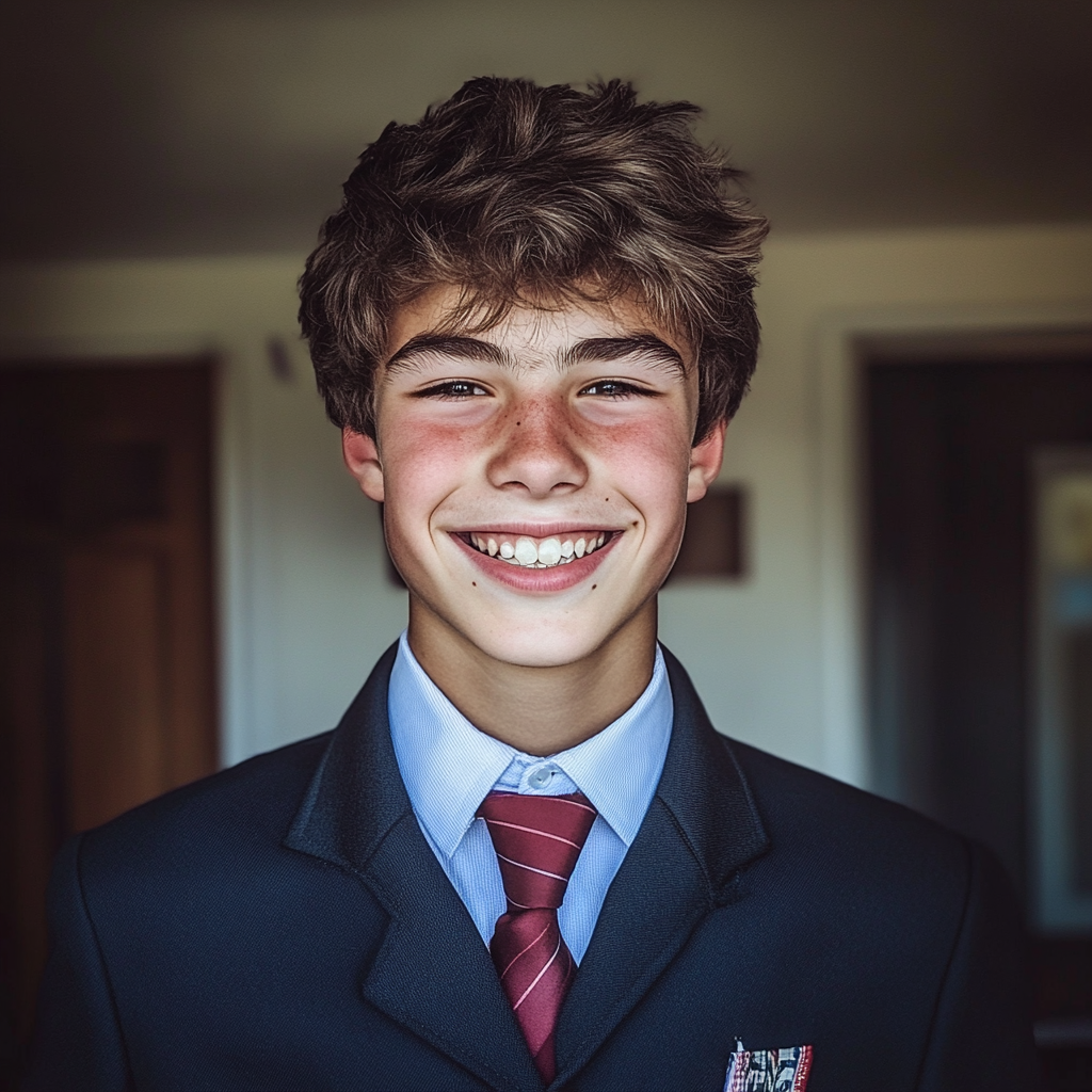 A smiling boy in his school uniform | Source: Midjourney