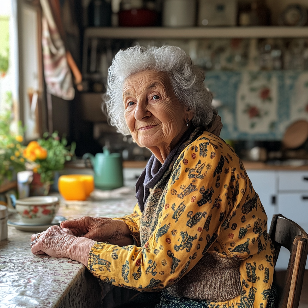 A sly smiling elderly woman | Source: Midjourney