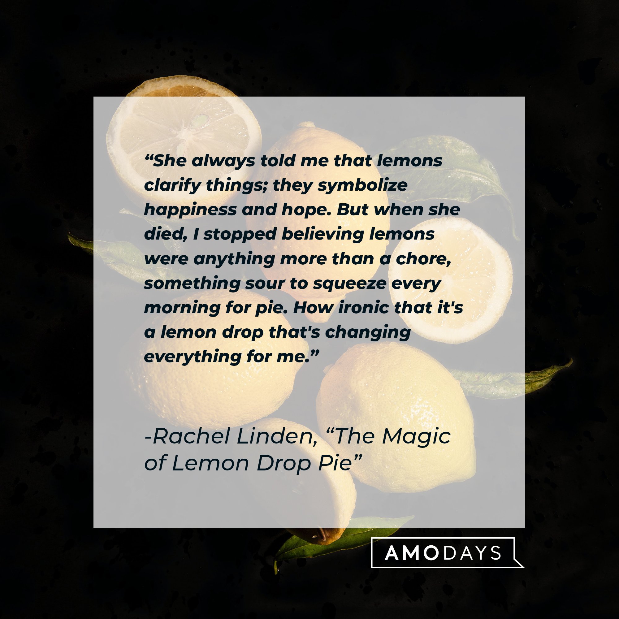 Rachel Linden's quote from “The Magic of Lemon Drop Pie”: "She always told me that lemons clarify things; they symbolize happiness and hope. But when she died, I stopped believing lemons were anything more than a chore, something sour to squeeze everyIn all my work, I try to say - 'You may be given a load of sour lemons, why not try to make a dozen lemon meringue pies?' | Image: AmoDays   
