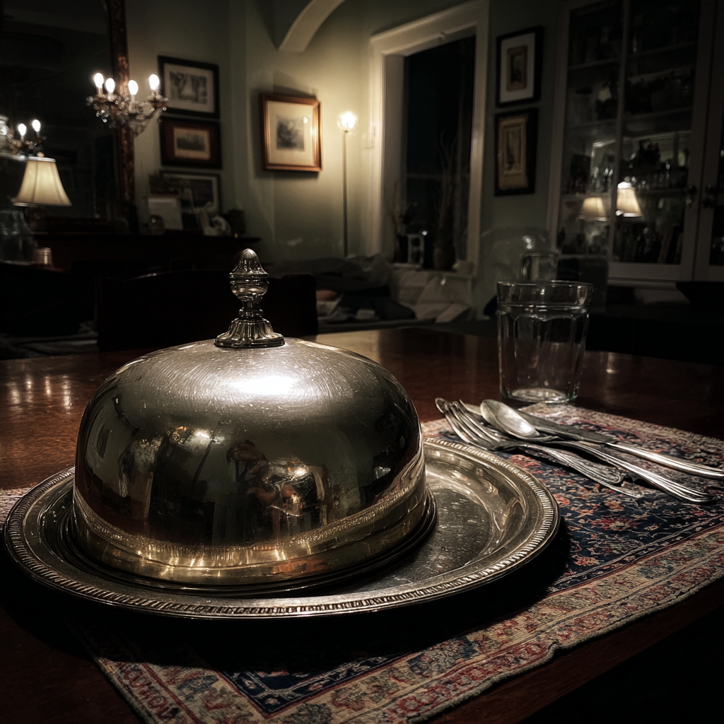 A silver cloche on a table | Source: Midjourney
