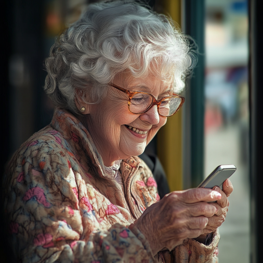 An elderly lady smiling while texting | Source: Midjourney