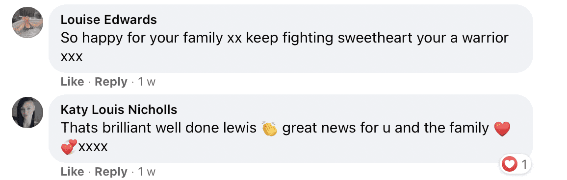 People commented on Lewis's sister, Jade's Facebook post regarding his health update. | Photo: facebook.com/jade.s.roberts 