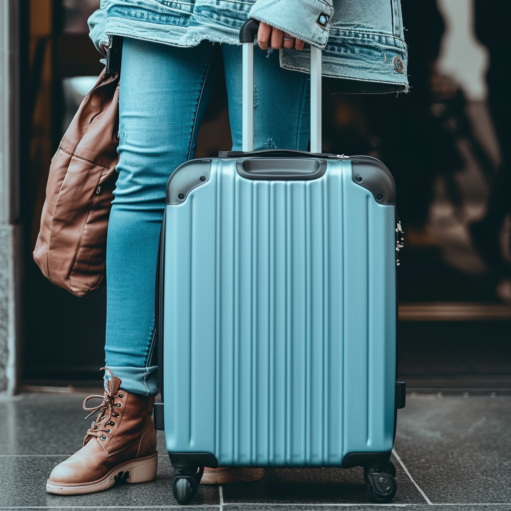 A woman holding onto her luggage | Source: Midjourney