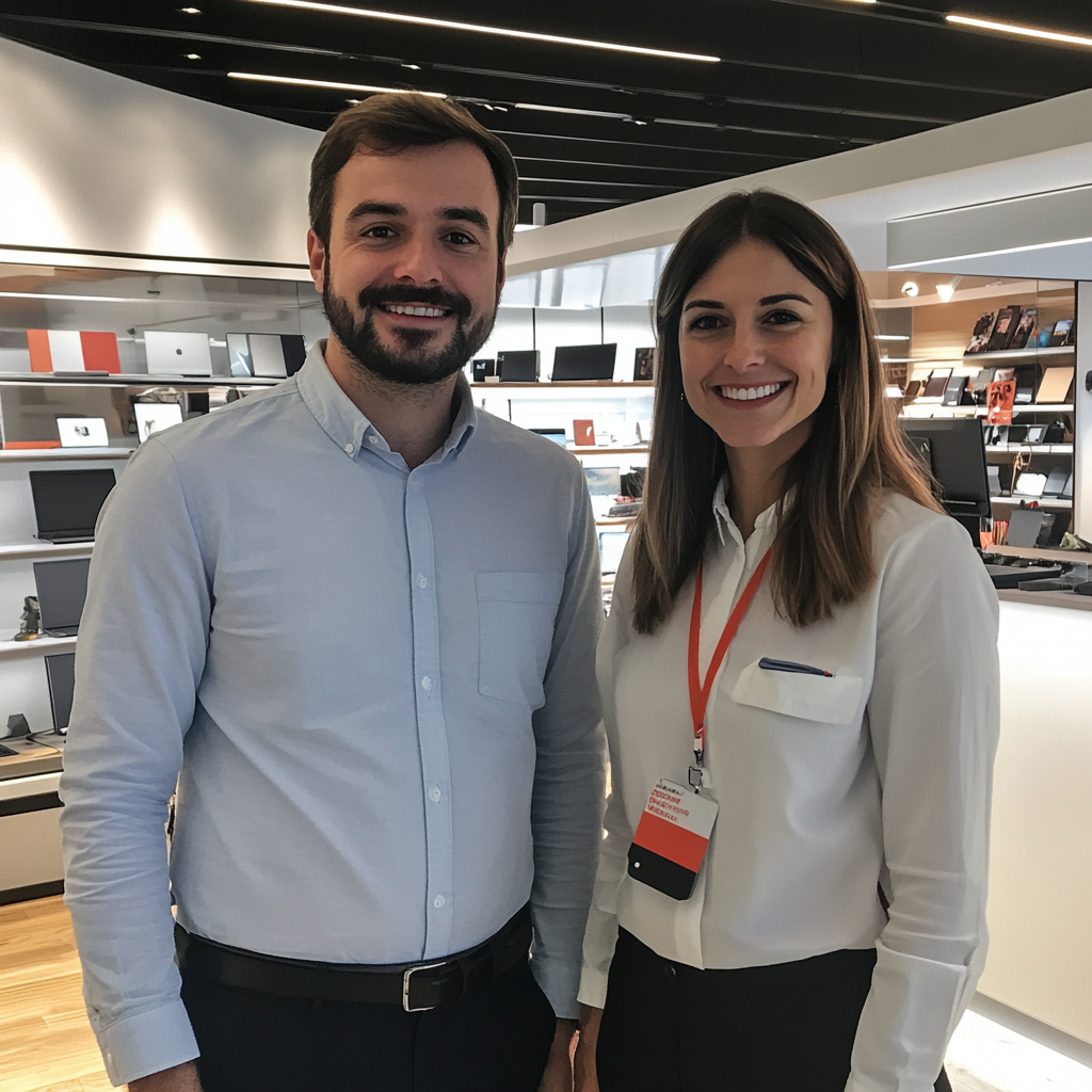 A smiling couple in a tech store | Source: Midjourney