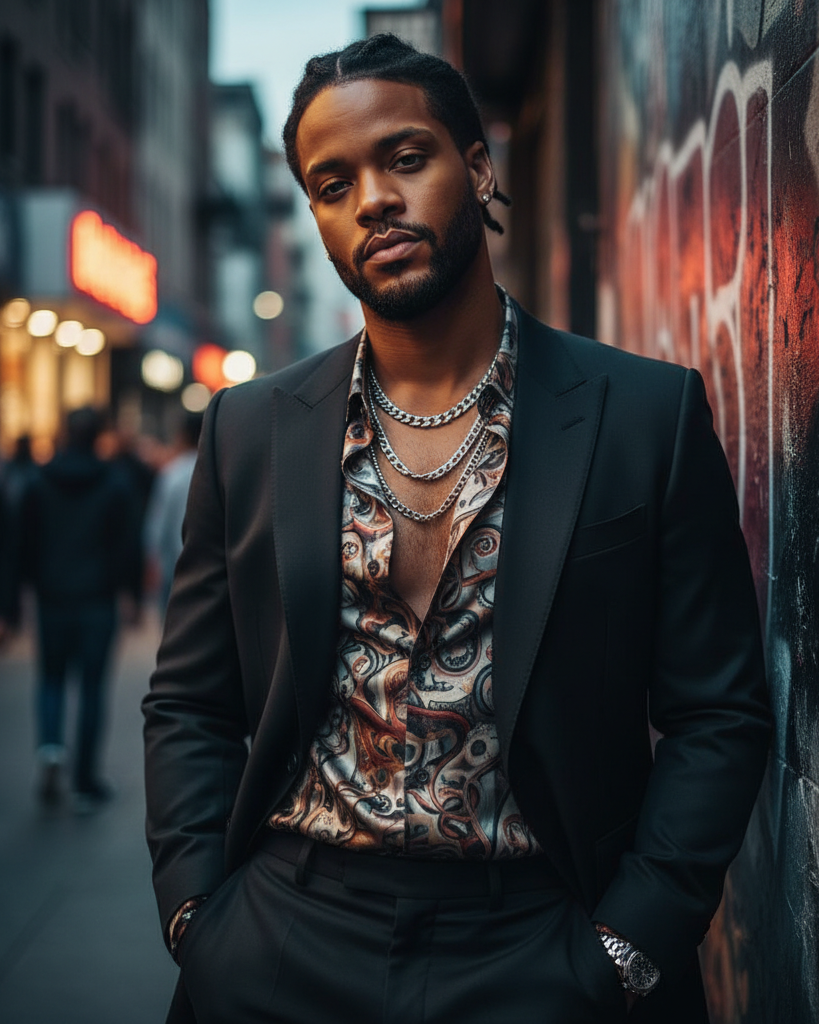 In the AI version of her reimagined as a man, Rihanna becomes a stylish streetwear icon with short locs, a neatly shaped beard, and striking eyes. Wearing a dark tailored suit over an open paisley shirt and layered silver chains, Fenty leans coolly against a graffiti wall, radiating the same effortless confidence and attitude that define the real-life mogul. | Source: Gemini
