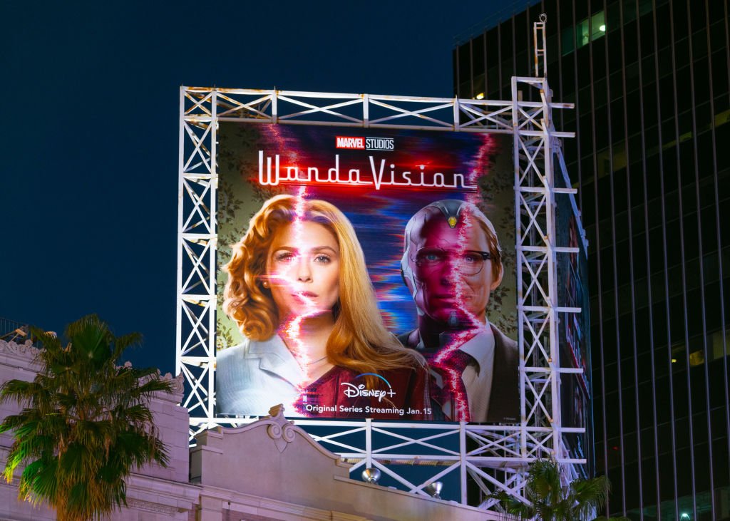 General view of a billboard above the El Capitan Entertainment Centre promoting the upcoming season of the Disney+ Marvel Studios flagship show 'WandaVision' on January 13, 2021 in Hollywood | Photo: Getty Images