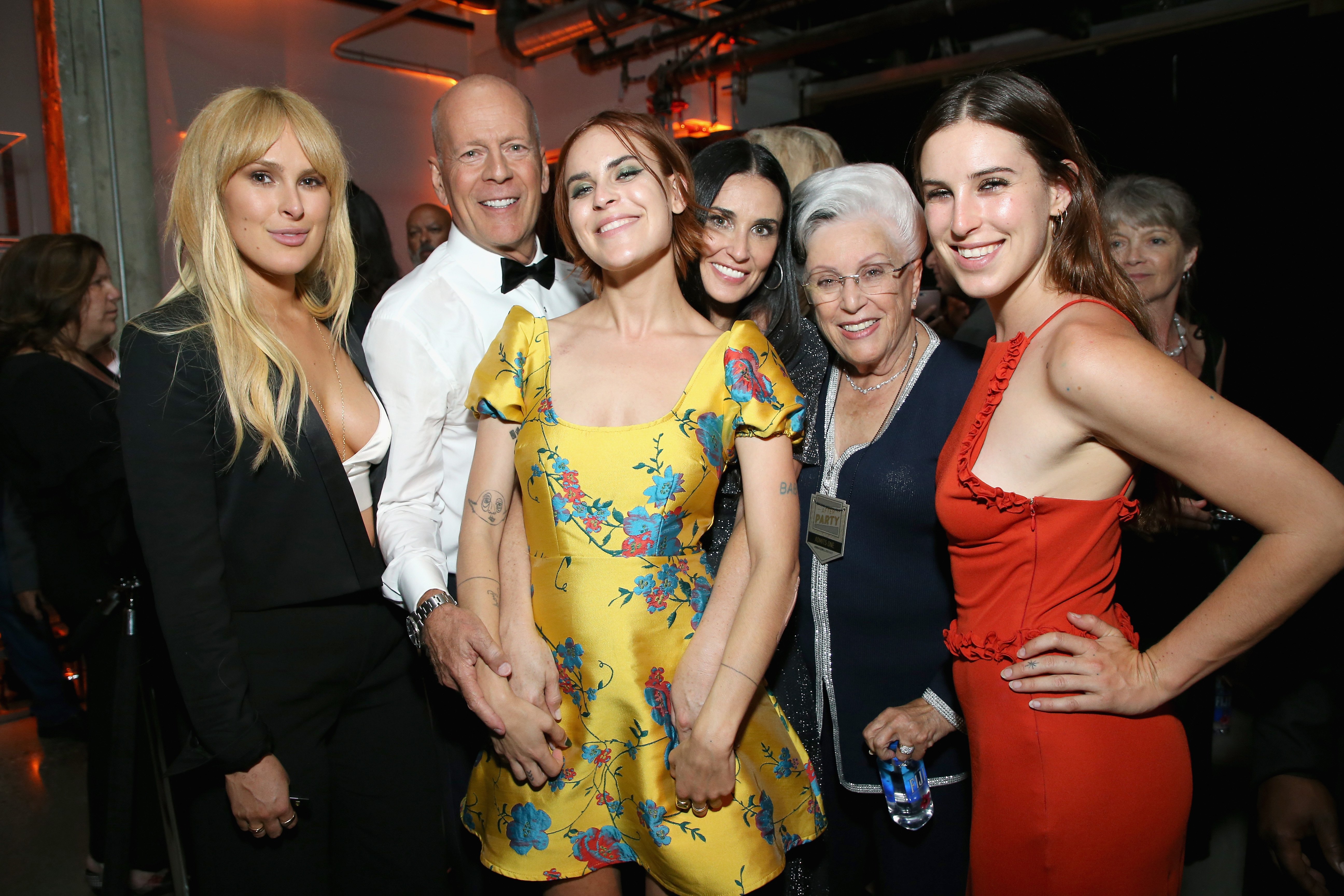 Rumer Willis, Bruce Willis, Tallulah Belle Willis, Demi Moore, Marlene Willis and Scout Willis attending the after party for the Comedy Central Roast of Bruce Willis at NeueHouse on July 14, 2018 in Los Angeles, California. | Source: Getty Images