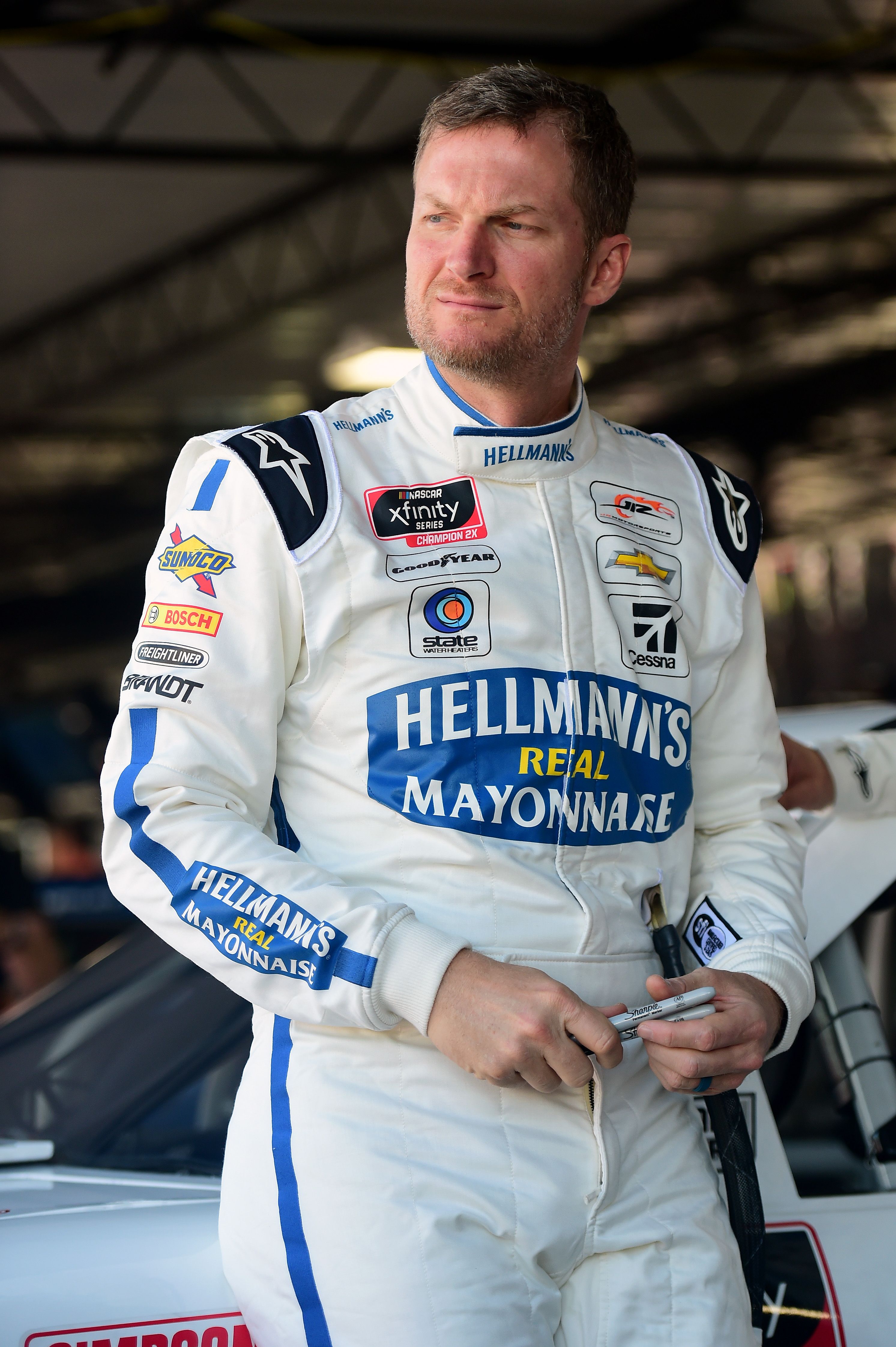 Dale Earnhardt Jr. in the garage area during practice for the NASCAR Xfinity Series Sport Clips Haircuts VFW 200 at Darlington Raceway on August 30, 2019 in Darlington, South Carolina. | Source: Getty Images
