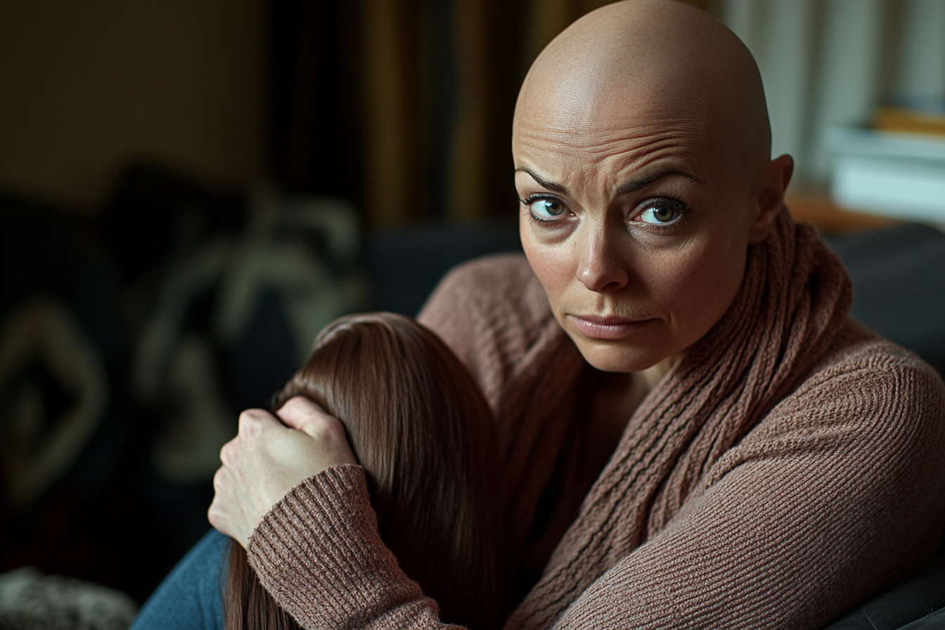 A woman sitting on a sofa holding her wig | Source: Midjourney