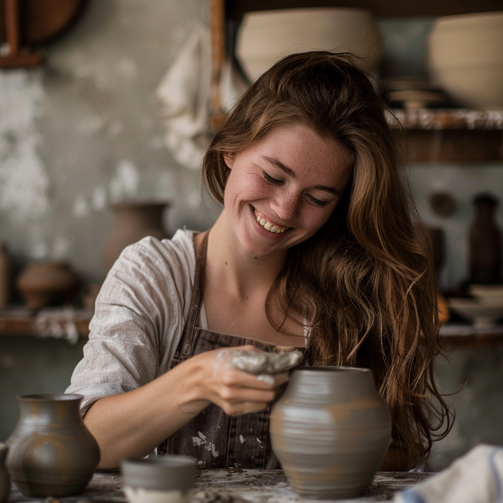 A smiling young woman making pottery | Source: Midjourney
