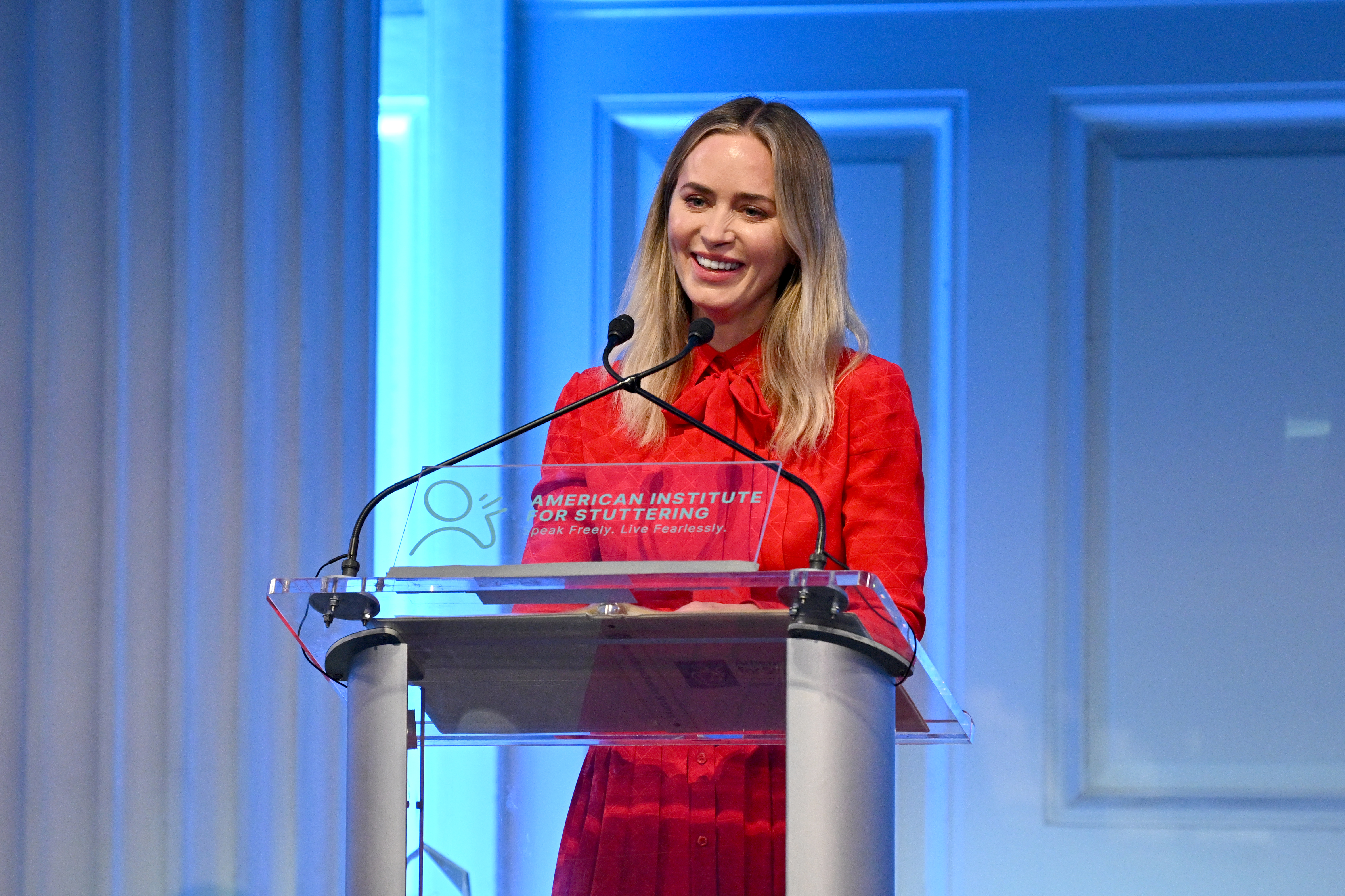 Emily Blunt speaking at the American Institute For Stuttering 17th Annual Gala in New York City, 2023 | Source: Getty Images