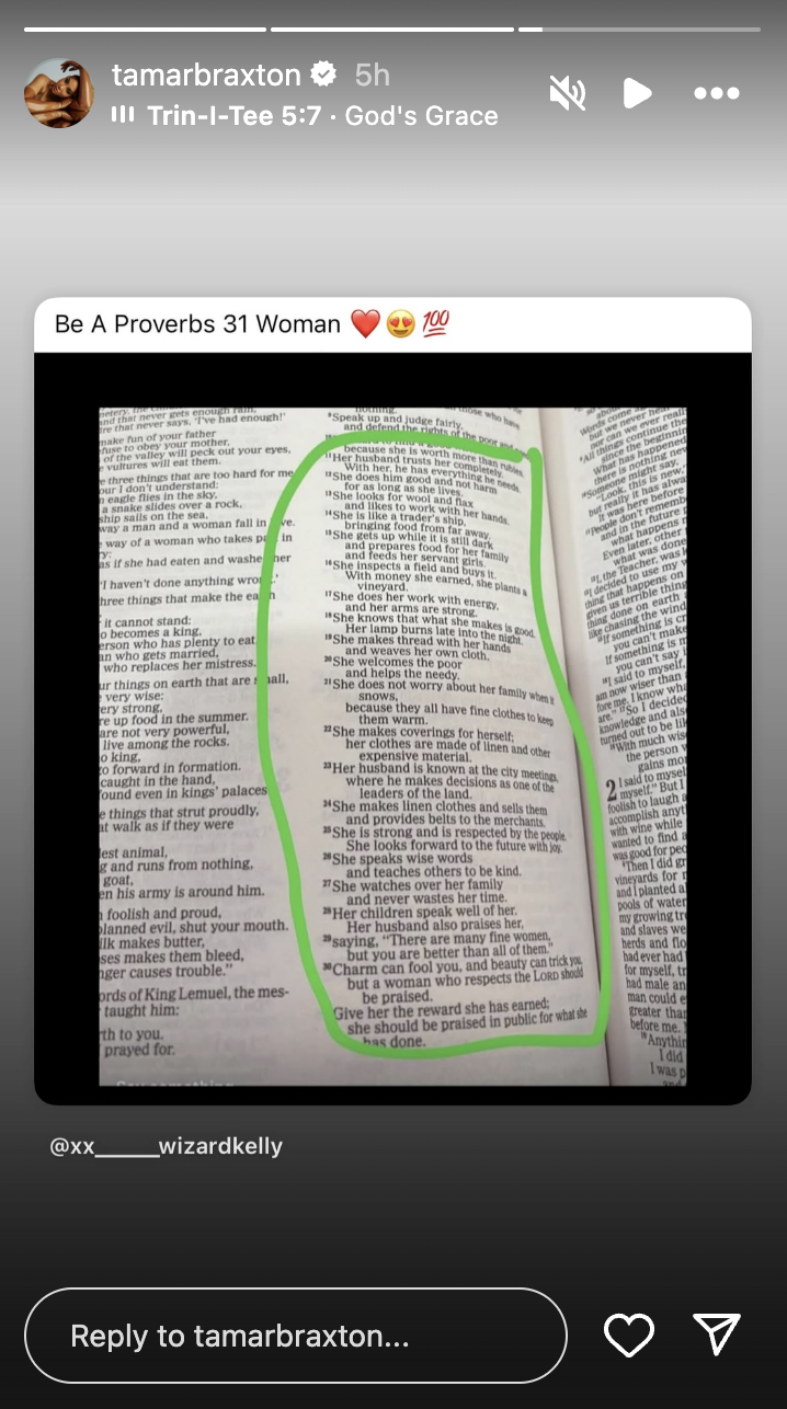 Tamar Braxton ended her updates by sharing a Bible passage, as posted on August 19, 2025 | Source: Instagram/tamarbraxton