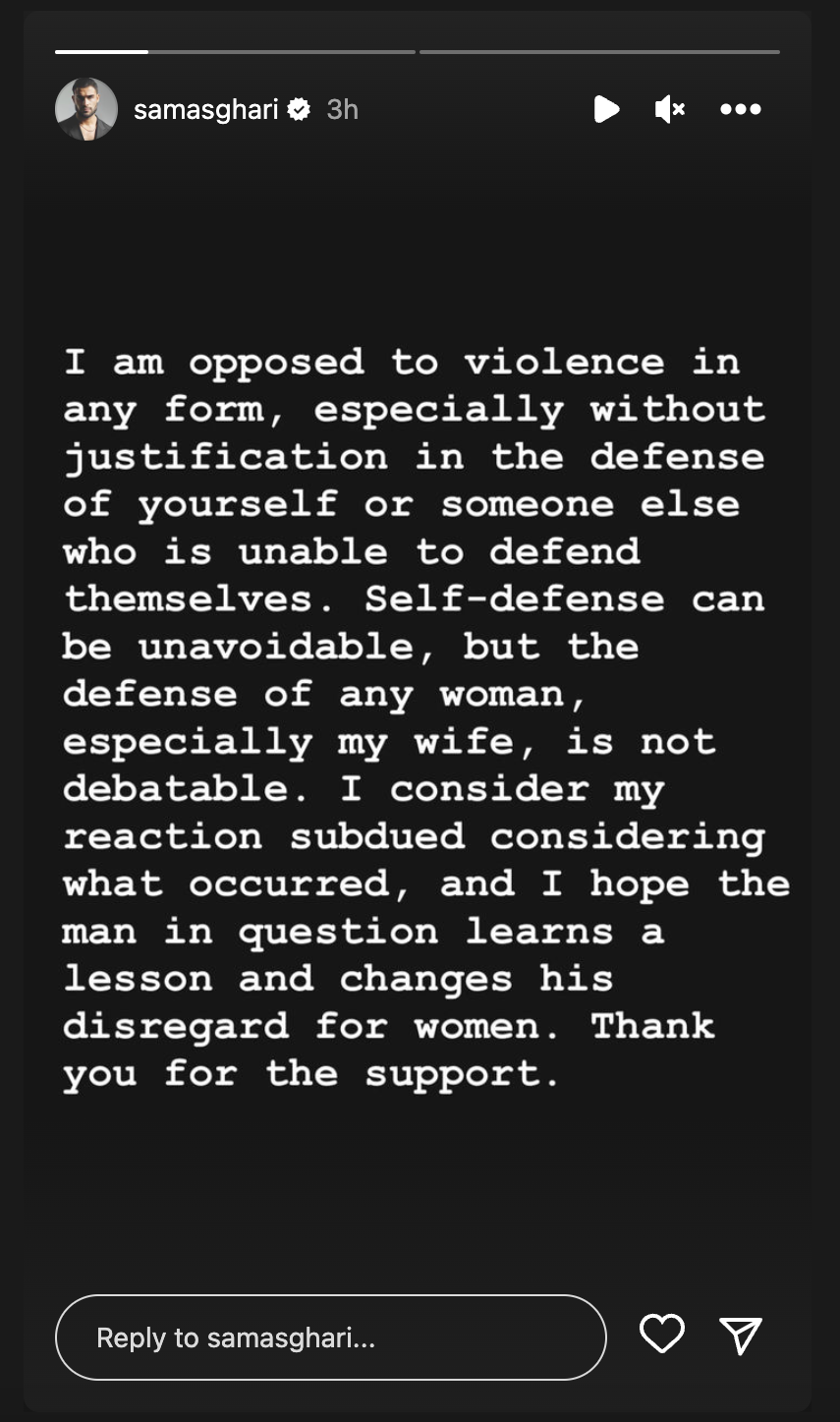 A screengrab of Sam Asghari's Instagram story addressing the physical assault incident involving his wife, Britney Spears | Source: Instagram/samasghari