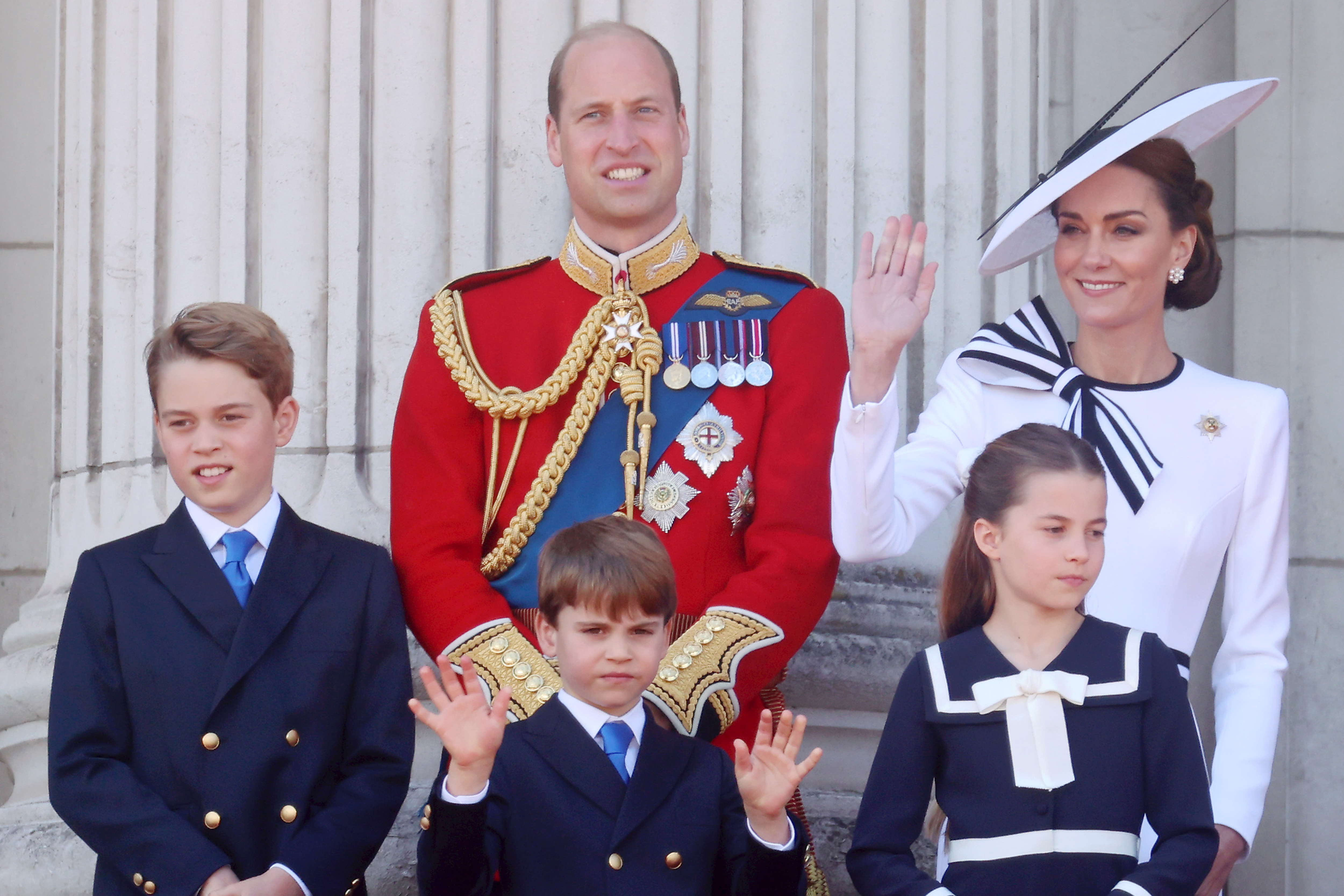 Prince George, Prince William, Prince Louis, Princess Charlotte and Princess Catherine during Trooping the Colour in London, England on June 15, 2024 | Source: Getty Images