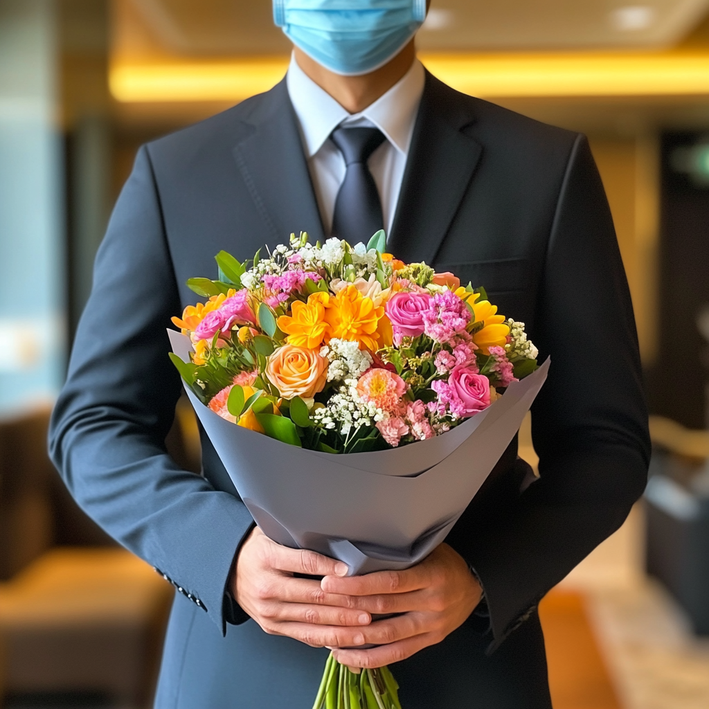 Hotel staff holding a bouquet of flowers | Source: Midjourney