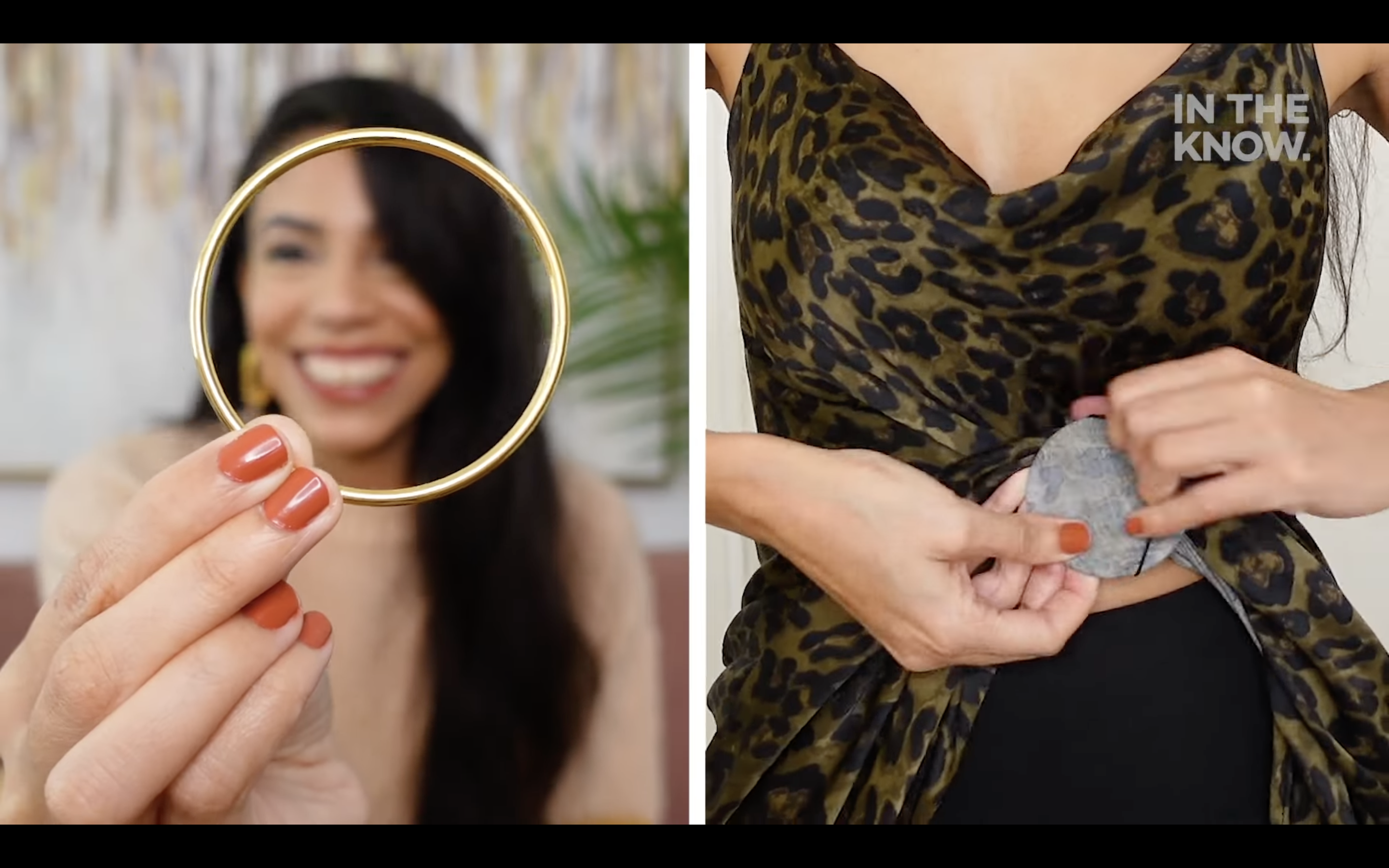 Photo of a woman with a bangle | Photo of a woman cinching her dress with a bangle | Source: Youtube.com/@InTheKnowByYahoo