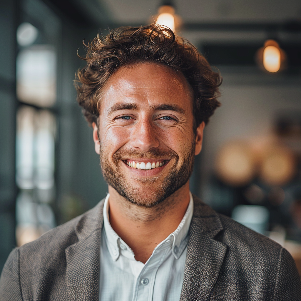 A smiling man in an office setting | Source: Midjourney