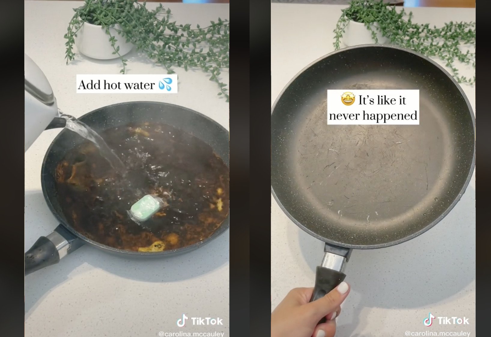 A dishwasher tablet and hot water can make your frying pan nice and clean. | Source: tiktok.com/@carolina.mccauley