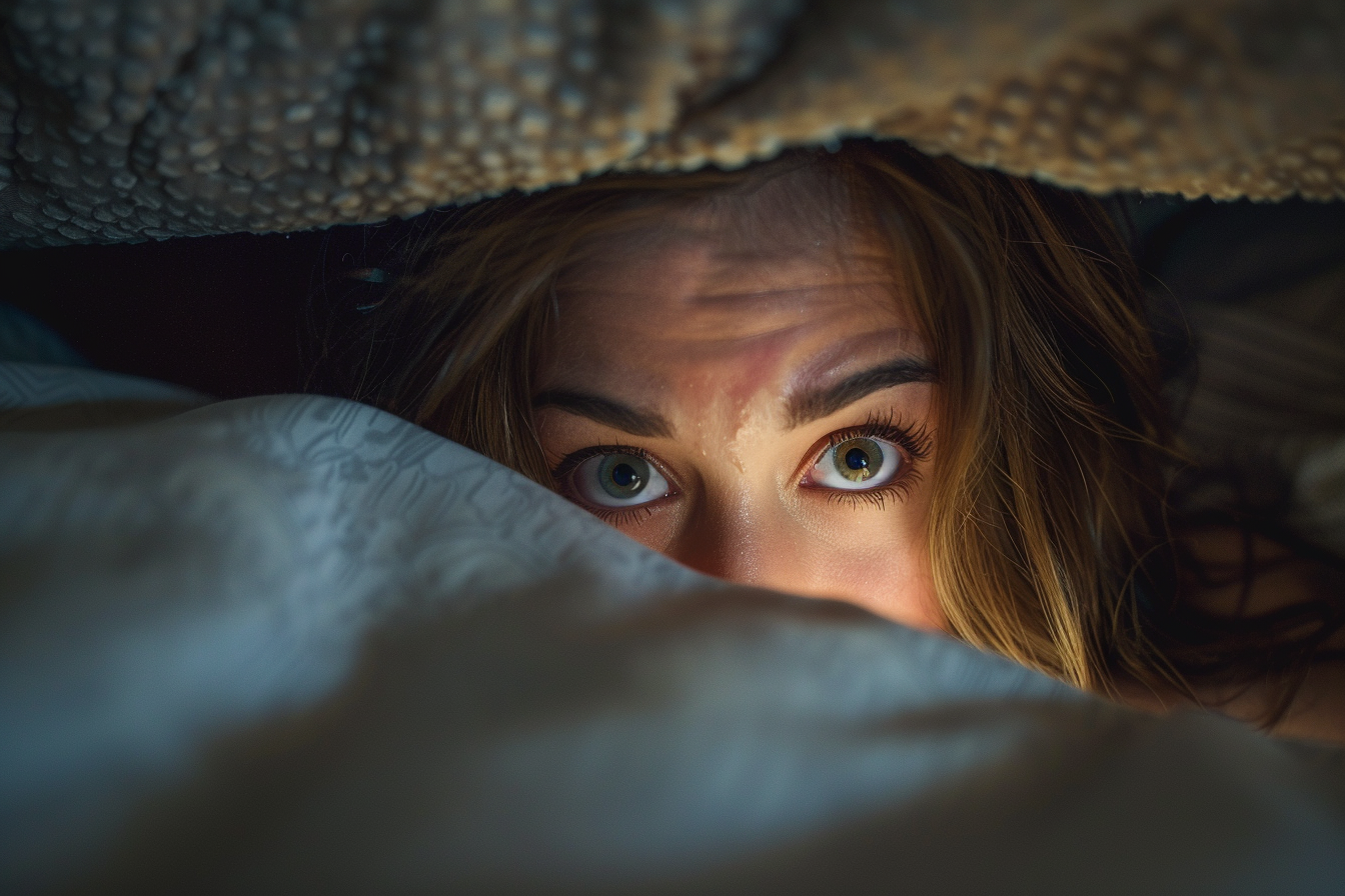 A scared woman hiding under the bed | Source: Midjourney