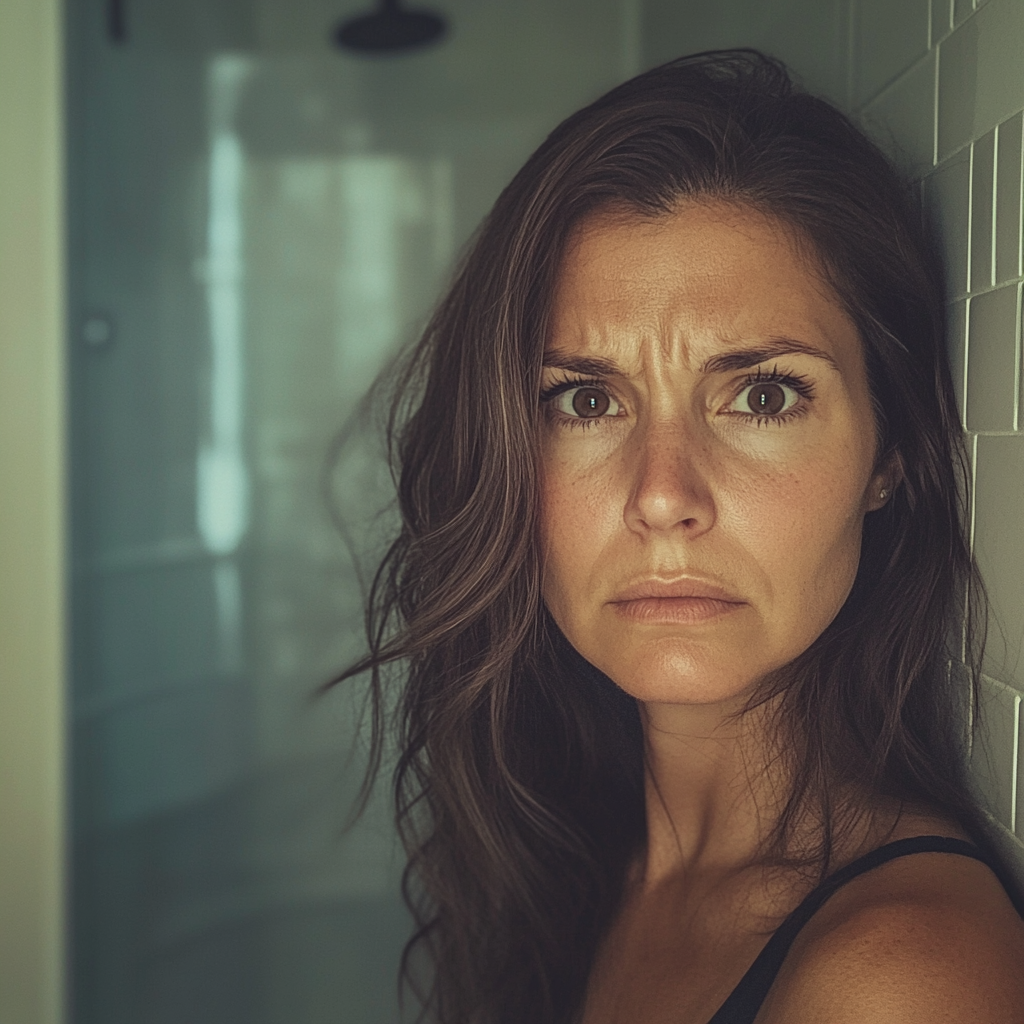 An upset woman in a bathroom | Source: Midjourney