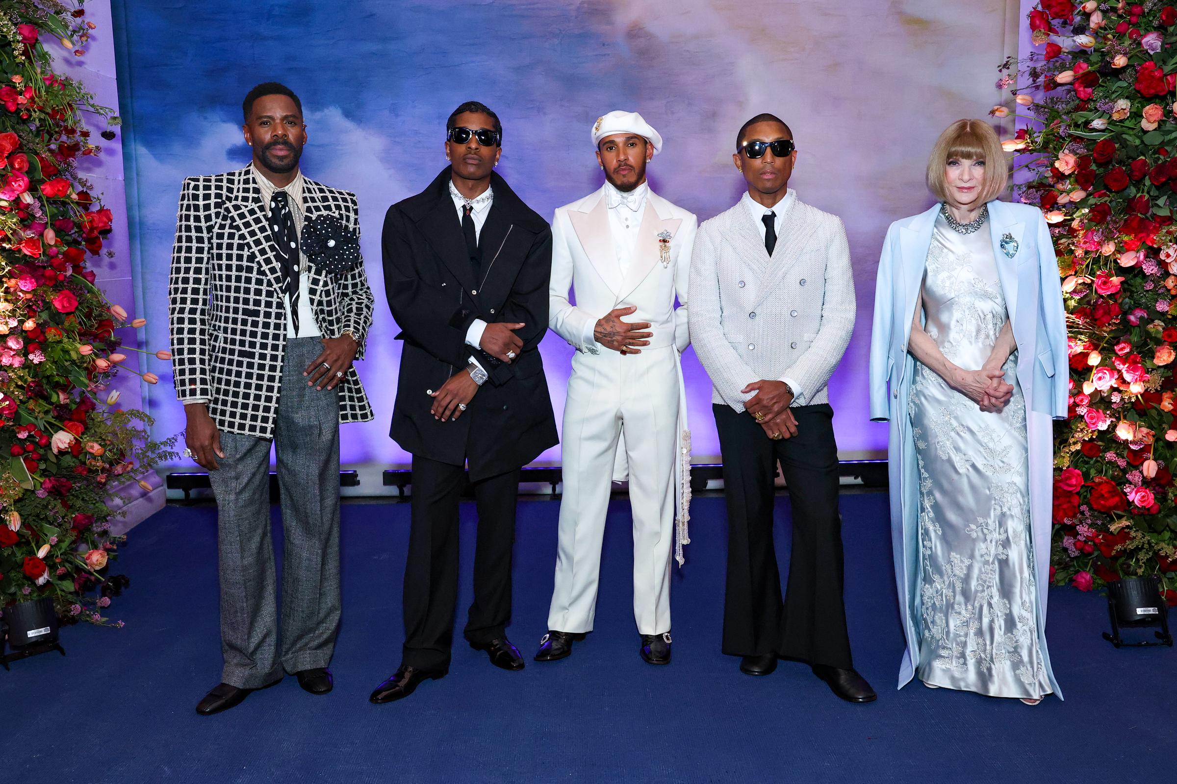 Co-Chairs Colman Domingo, A$AP Rocky, Lewis Hamilton, Pharrell Williams, and Chair Anna Wintour pose together at the 2025 Met Gala honoring "Superfine: Tailoring Black Style" at the Metropolitan Museum of Art.