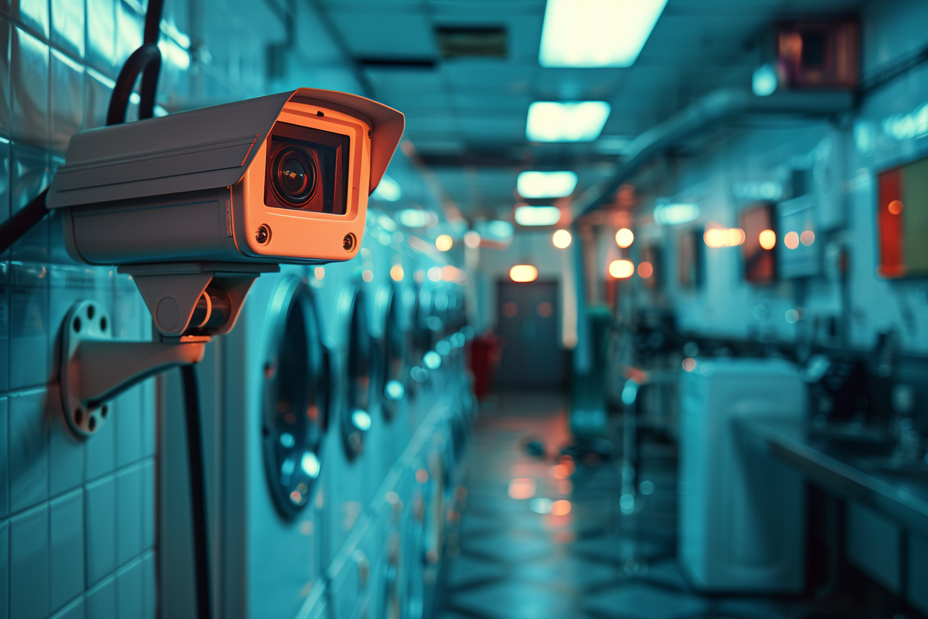 Close-up of CCTV camera in laundromat | Source: Midjourney