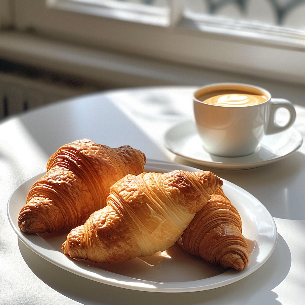 Croissants and coffee on a table | Source: Midjourney