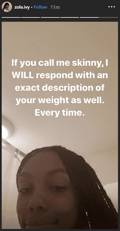 A screenshot of Zola Murphy's Instagram Story on people calling her "skinny" | Source: Instagram / Zola Ivy Murphy