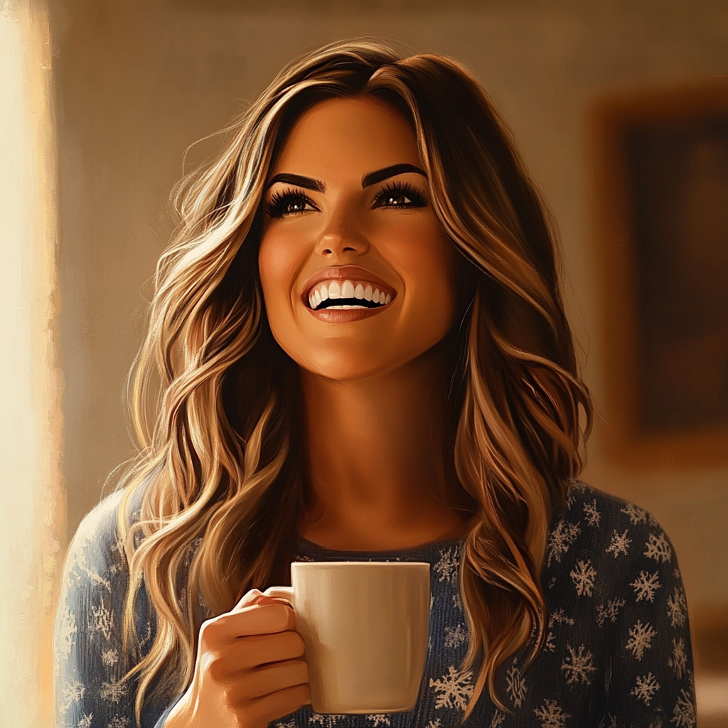 A woman holding a coffee cup and laughing | Source: Midjourney