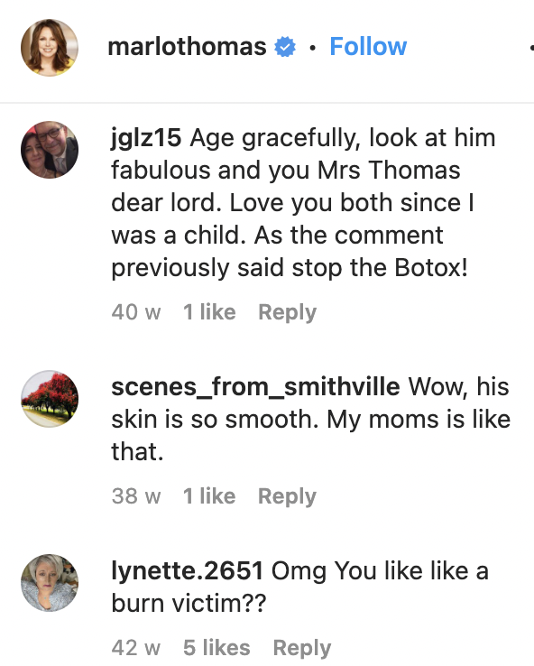 Fan comments on Marlo Thomas' Instagram post of herself and her husband, Phil Donahue, in Bermuda on June 3, 2022 | Source: Instagram/marlothomas