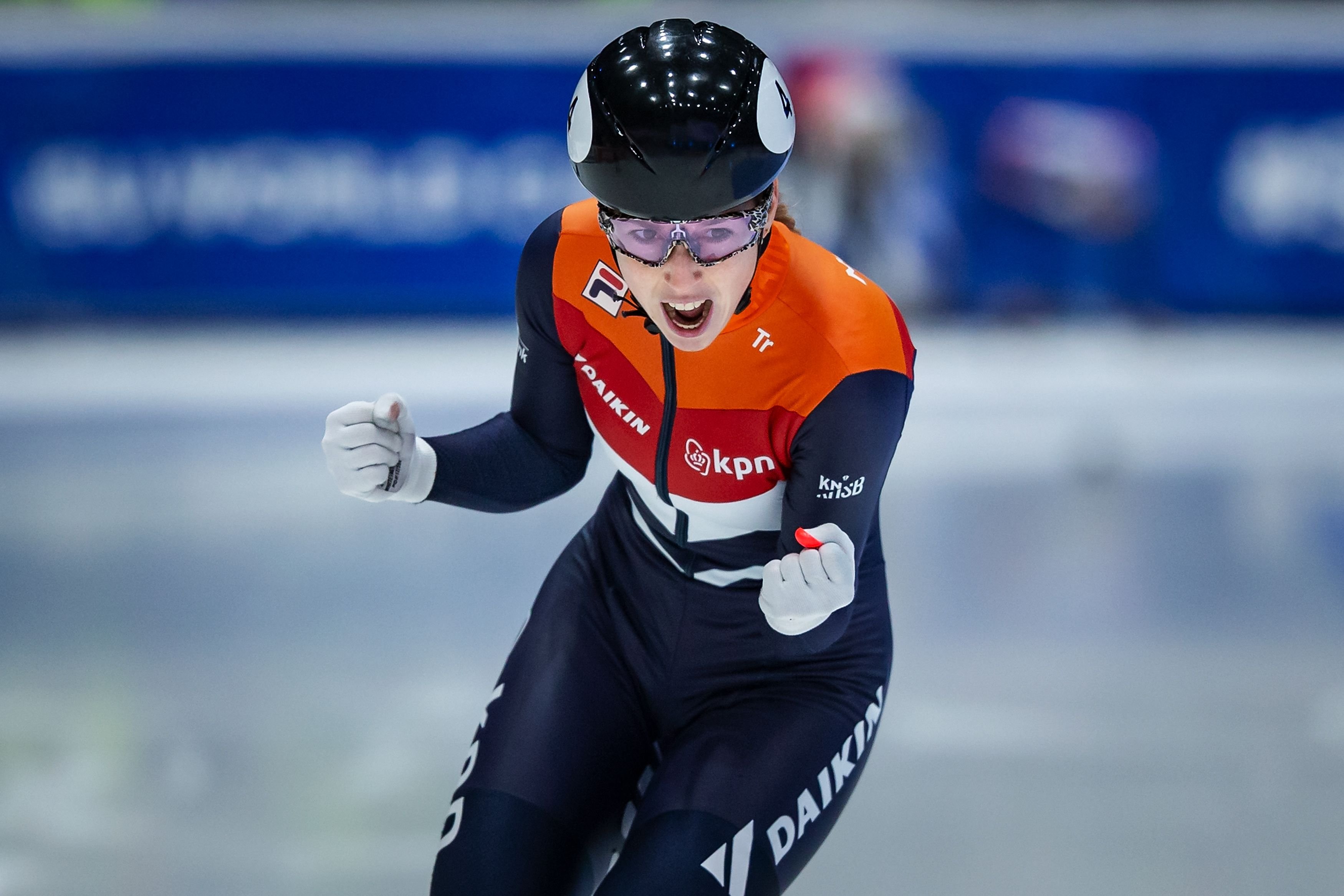 Lara van Ruijven of Netherlands celebrates in the Ladies 500m final during day 2 of the ISU World Cup Short Track at Sportboulevard on February 16, 2020 in Dordrecht, Netherlands | Photo: Getty Images