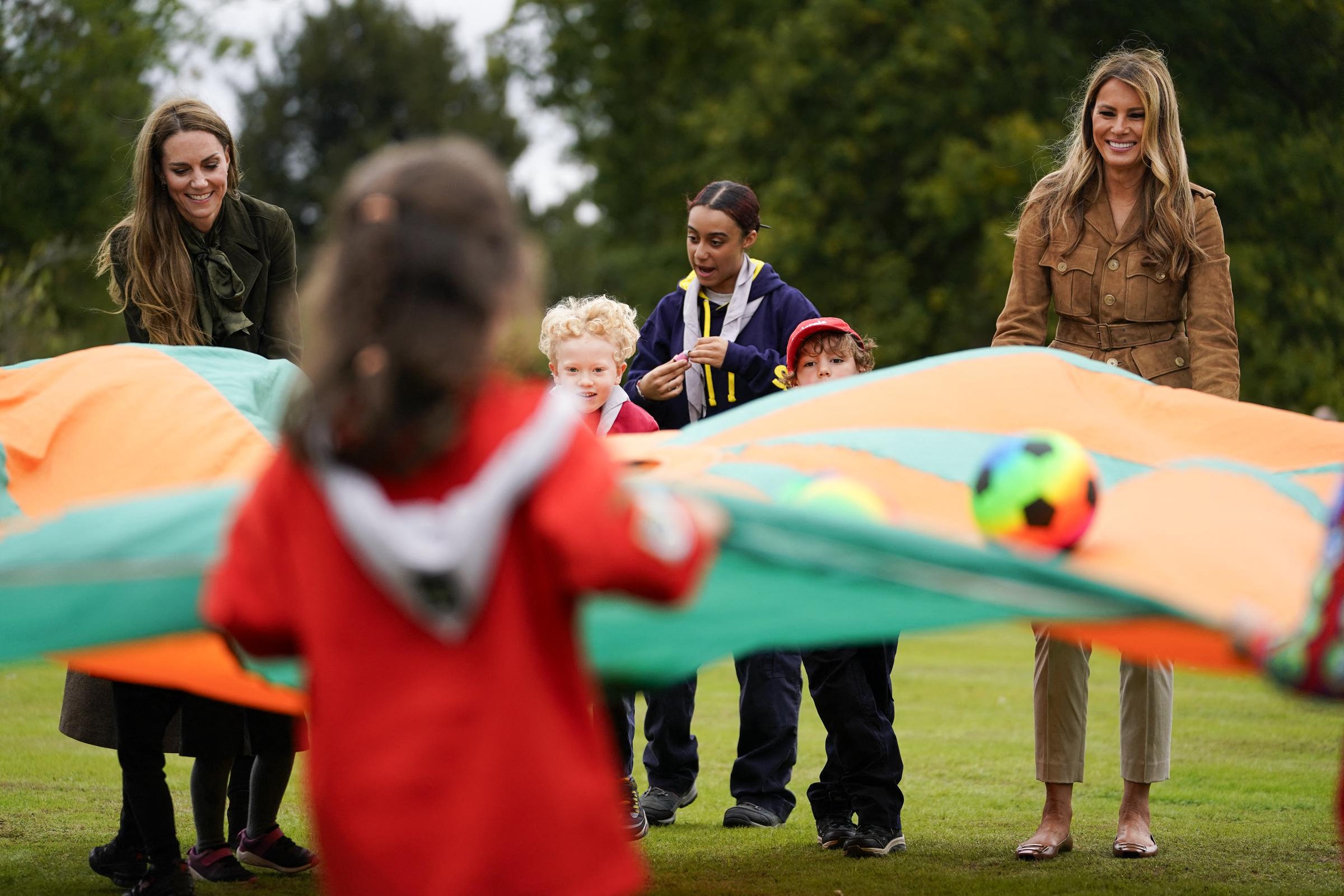 Princess Kate and First Lady Melania Trump meet members of the Scouts' Squirrels programme at Frogmore Cottage on September 18, 2025 | Source: Getty Images