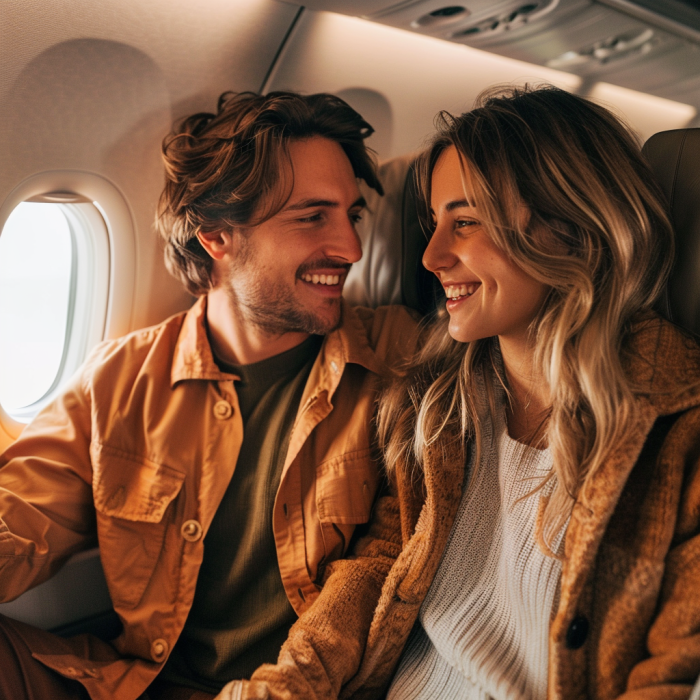 A happy couple flying in an airplane | Source: Midjourney