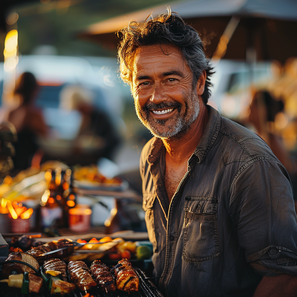 A happy middle-aged man at a barbecue | Source: Midjourney